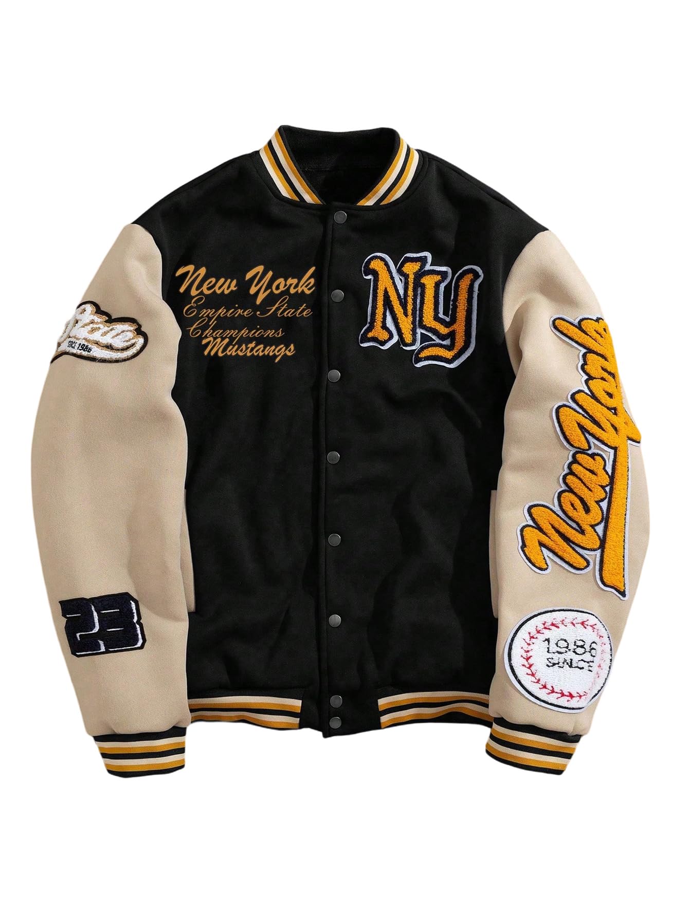 GORGLITTER Men's Letter Graphic Varsity Jacket Long Sleeve Striped Trim Button Bomber Jackets