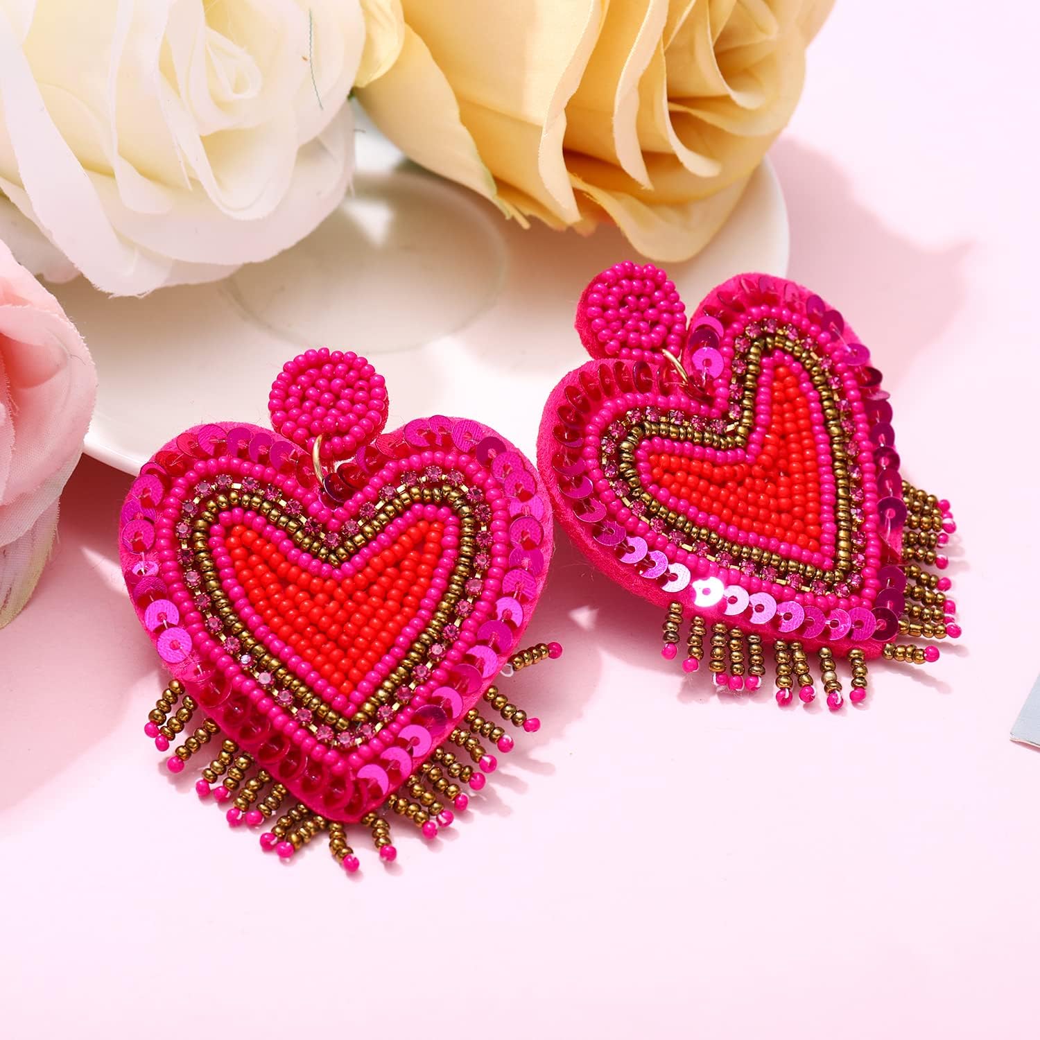 Bead Dangle Earrings for Women Heart Beadeds Dangle Earrings Valentine's Day Rhinestone Heart Earrings Holiday Bead Drop Dangle Earrings Valentine's Day Beadeds Earrings Gift - Image 6