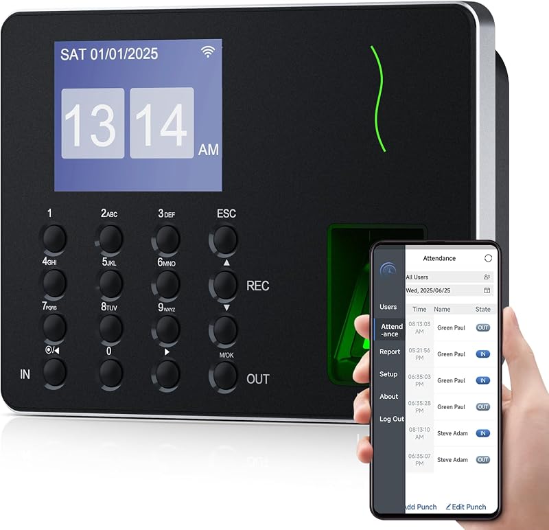 NGTeco APP Time Clock for Small Business, Fingerprint & PIN, Auto Report | Employee Clock in Machine Support Flexible Shift Management, 2.4GHz WiFi, No Monthly Fees