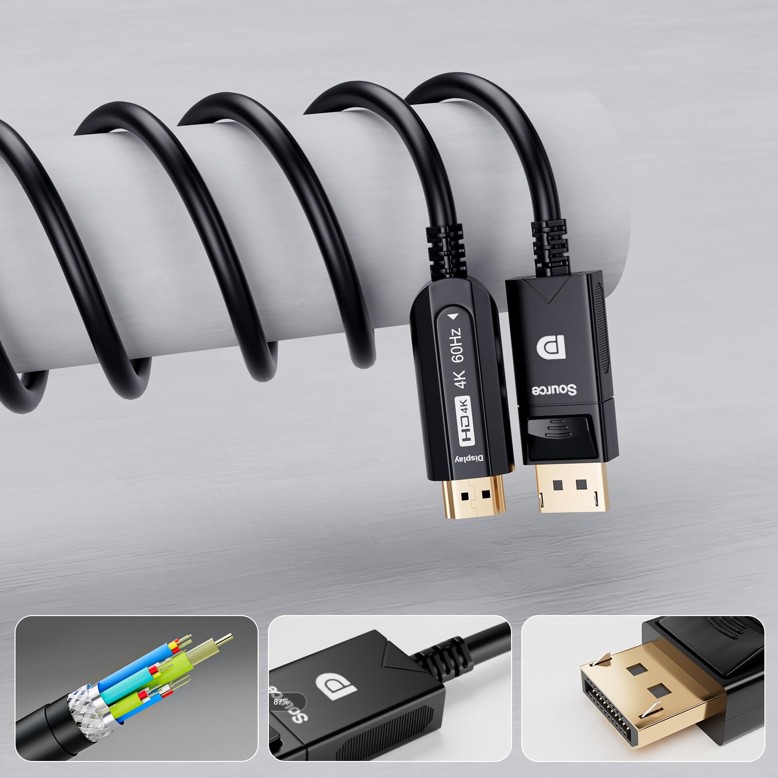 DisplayPort to HDMI Fiber Optic Cave, Active DP to HDMI Video Cord 4K@60H Uni-Directional, Supporto HDTV HDCP Self-detecting function for EDID information (A0107-10Meter)