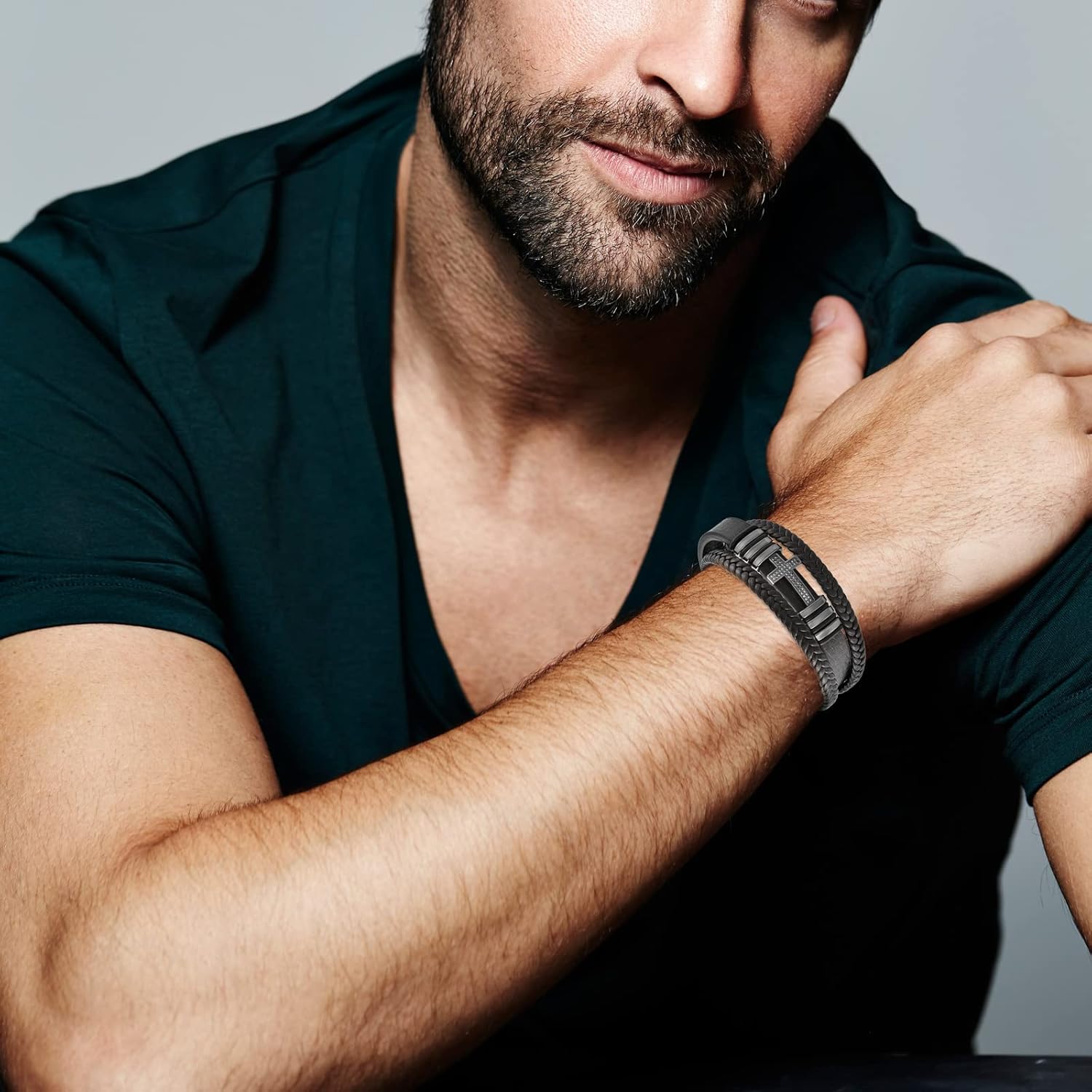 Fahonie Cross Leather Bracelet for Men Women 316L Stainless Steel with 18K Gold Plated Christ Jesus Crucifix Handmade Bracelet,7.5/8/9 Inches - Image 2