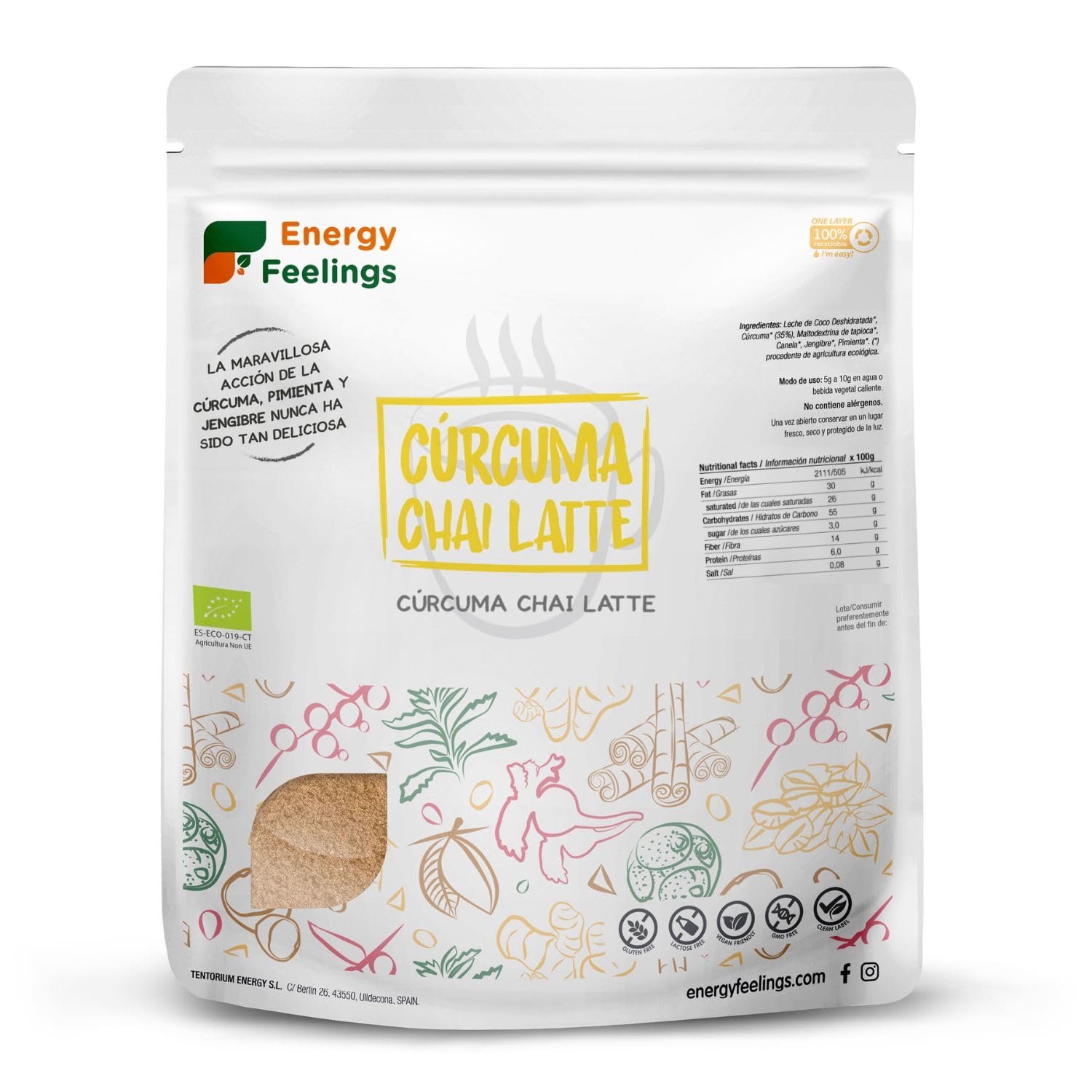 Energy Feelings Curcuma Chai Latte in Polvere BIO 500g,Golden Milk, Latte Dorato. Antiossidante e Antinfiammatorio Naturale. Curcuma con Zenzero Pepe Nero e Cannella, Senza Glutine, Vegano