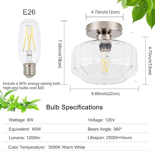 Miniatura 3 de Lámpara de techo semiempotrada de níquel cepillado con vidrio texturizado y bombillas LED de 1200 lúmenes incluidas, moderna luz de pasillo y baño