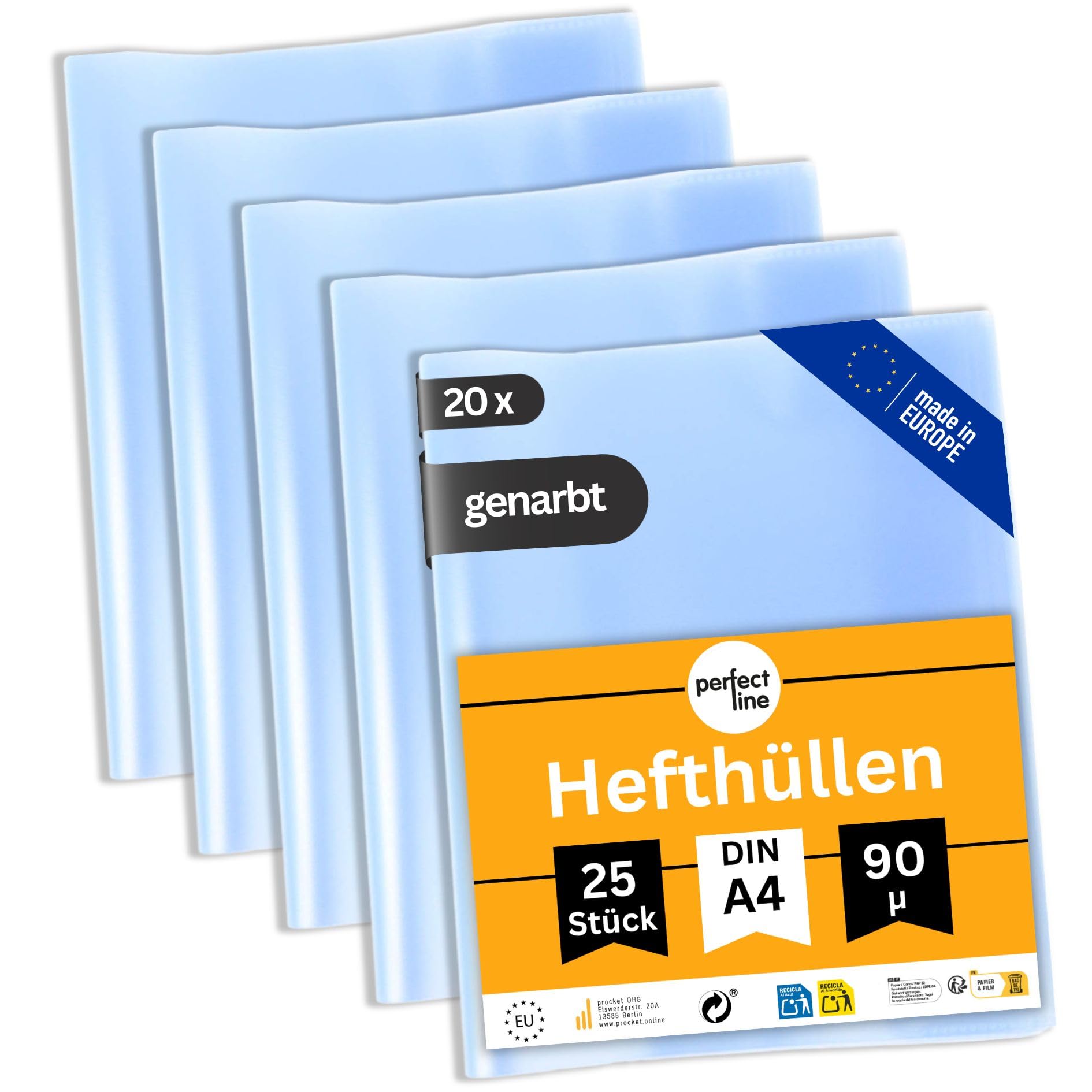perfect line 500 Hefthüllen DIN-A4 transparent, Heftumschlag durchsichtig & genarbt, Heftschoner aus recyclebarem PP (20 Sets á 25 Stk.)