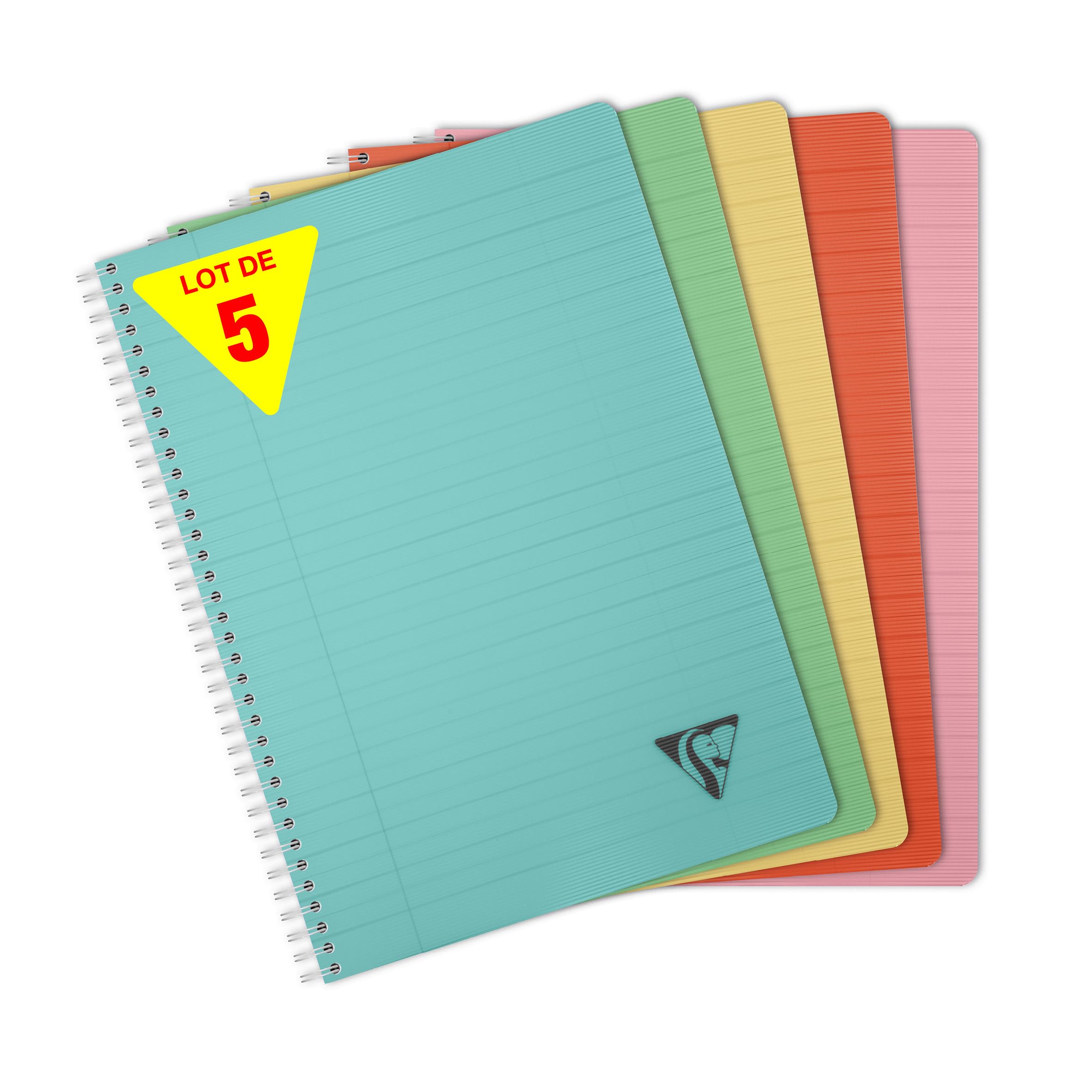 Clairefontaine 327146CPack LiniColour ESSENCE Set of 5 Spiral Notebooks A4 21x29,7 180 Lined Pages w/ Margin White Paper 90g Cover Polypro Clear Random Colours