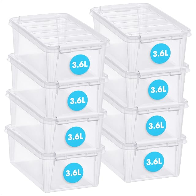 SmartStore 3.6L Small Plastic Storage Boxes With Lids - Set of 8 - Transparent - Stackable And Nestable - 10 Year Guarantee- Food Safe And BPA Free -White Clip Locked - L30 x W19 x H11 cm