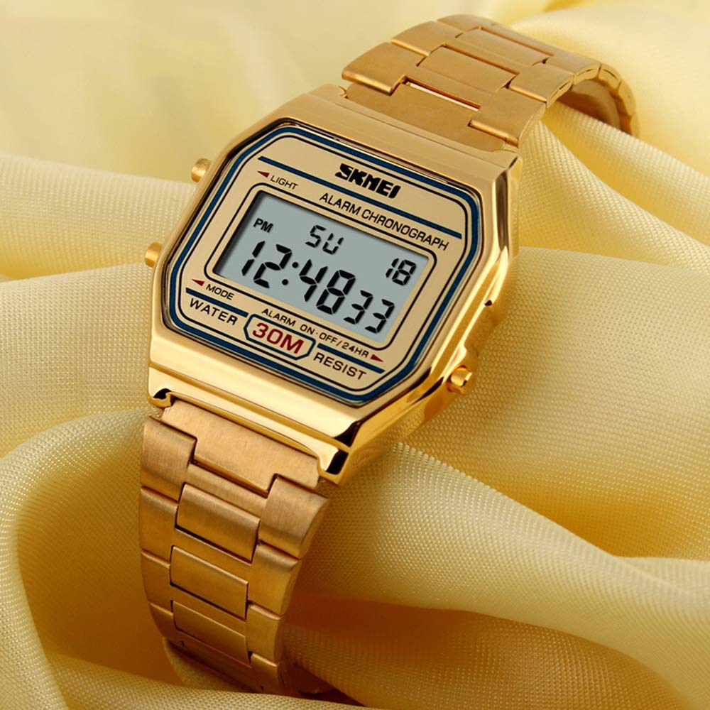 MASTOP Orologio sportivo digitale da uomo, doppio display, in acciaio inox, quadrato, conto alla rovescia, sveglia, retroilluminazione, resistente all'acqua