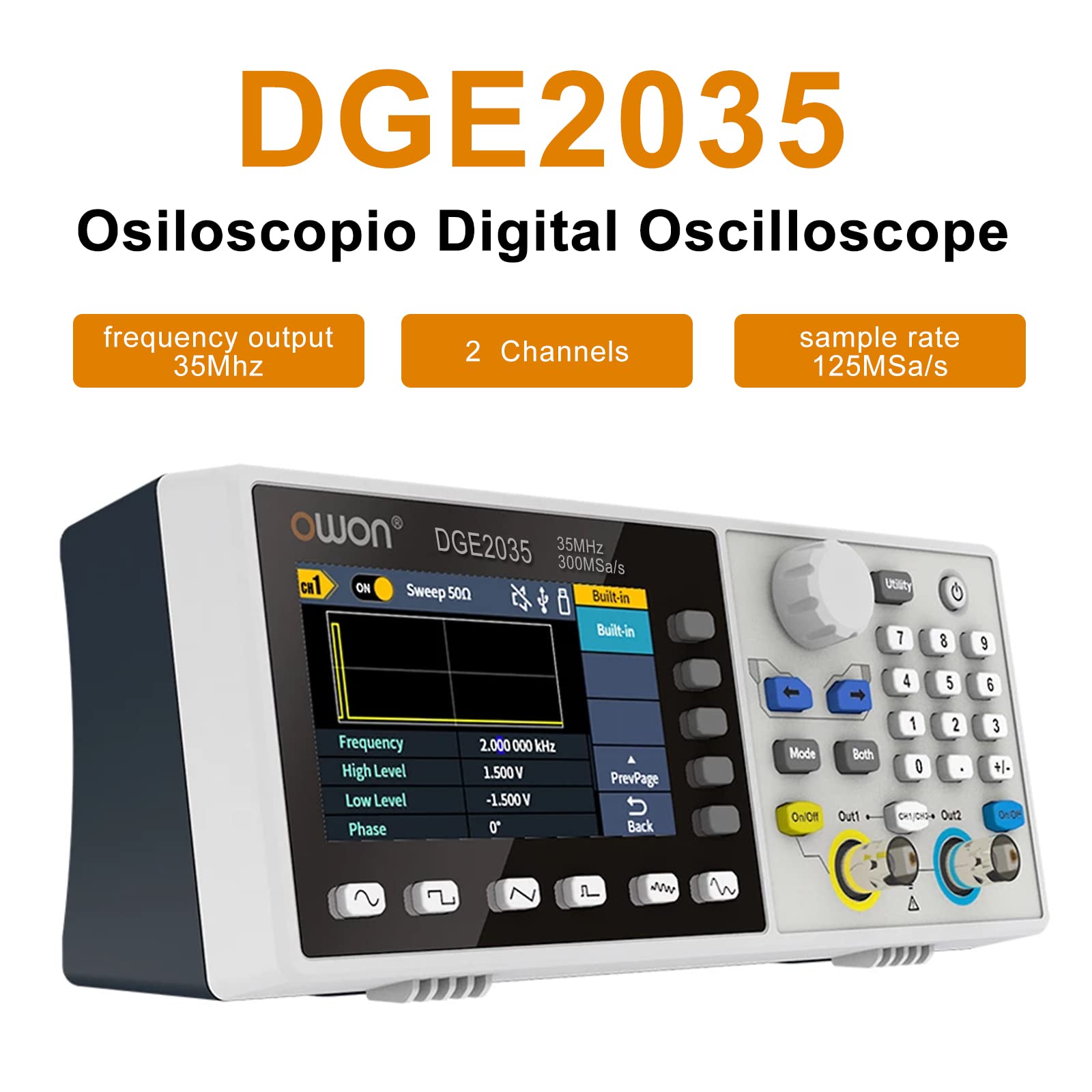 OWON DGE2035 Arbitrary Waveform Generator AWG 14bit Risoluzione verticale 2CH 35MHz 125MSa/s 3,6 pollici LCD Digital Signal Generator