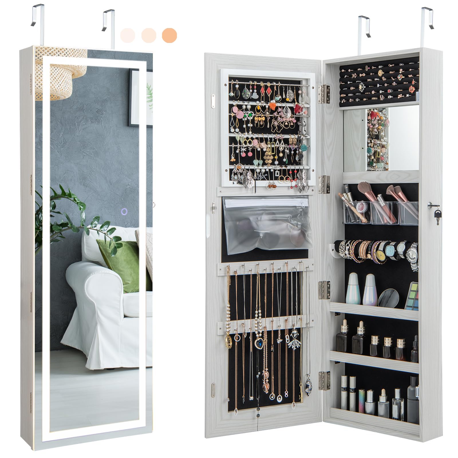 RELAX4LIFE Armoire à Bijoux Murale avec Miroir et Éclairage LED 3 Couleurs