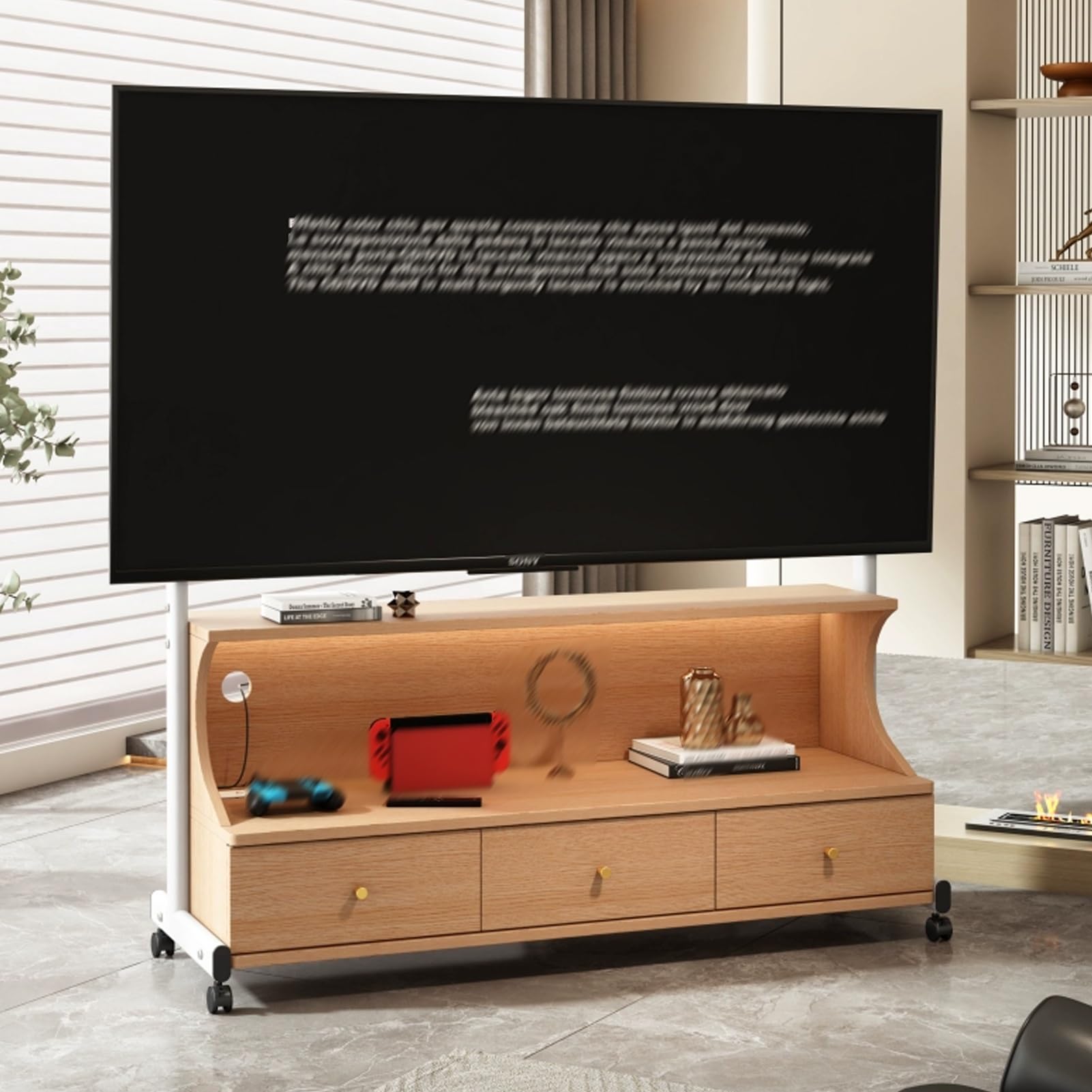 Stojak pod Telewizor, Mobilny Stojak na Telewizor, Ruchomy Z Miejscem do Przechowywania, Przenośny Stojak na Telewizor Z Litego Drewna, do Sypialni, Kuchni, Na Zewnątrz(Natural,50-85 inches)