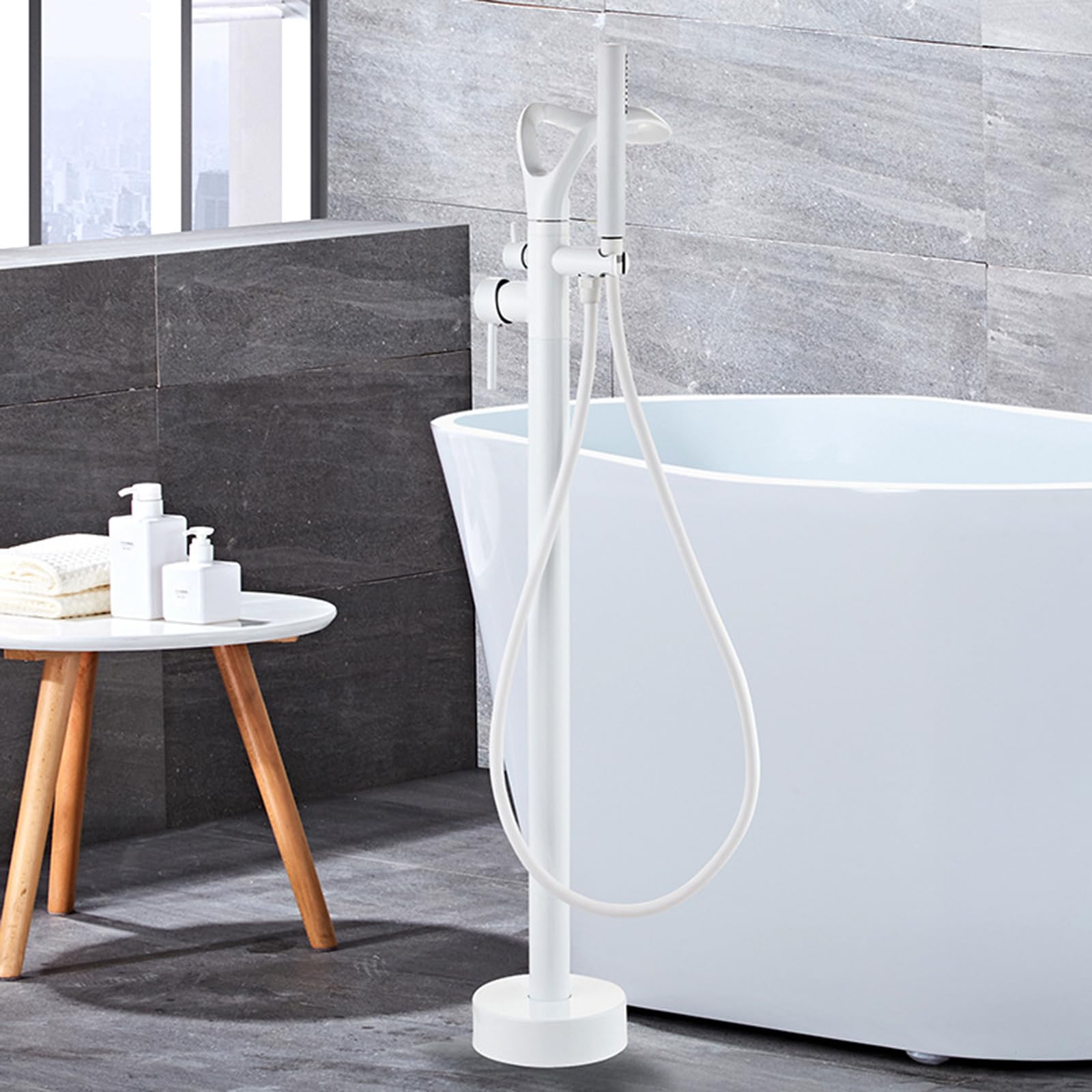 Freending Bianco A Pavimento Rubinetto Da Bagno & Doccia Miscelatore 2 Modalità Cascata Design Singolo Foro Vasca Rubinetto per Bagni Moderni