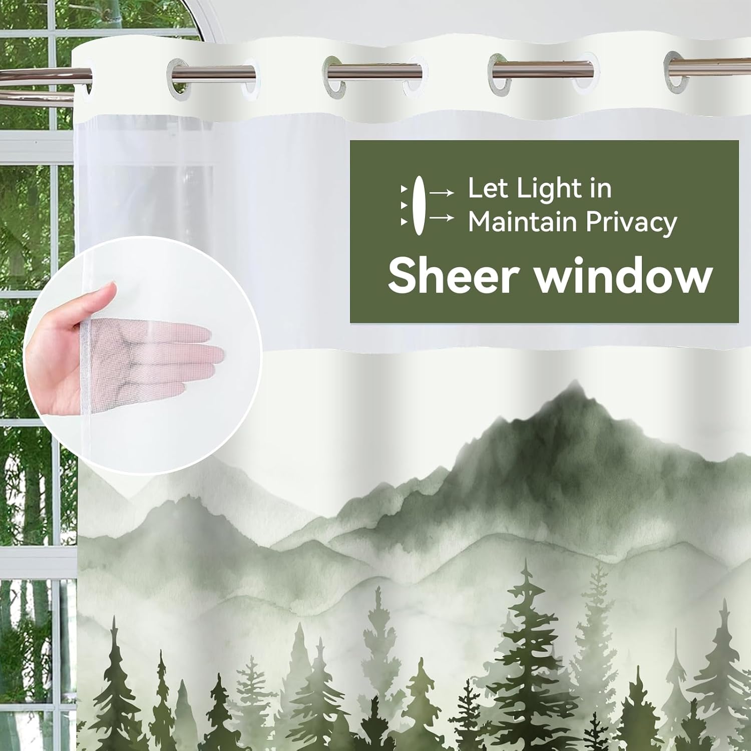 juwute Hookless Shower Curtain with Snap in Liner, Green Nature Forest No Hook Shower Curtains for Bathroom，Shower Curtain and Liner Set, 72" W x 75" L