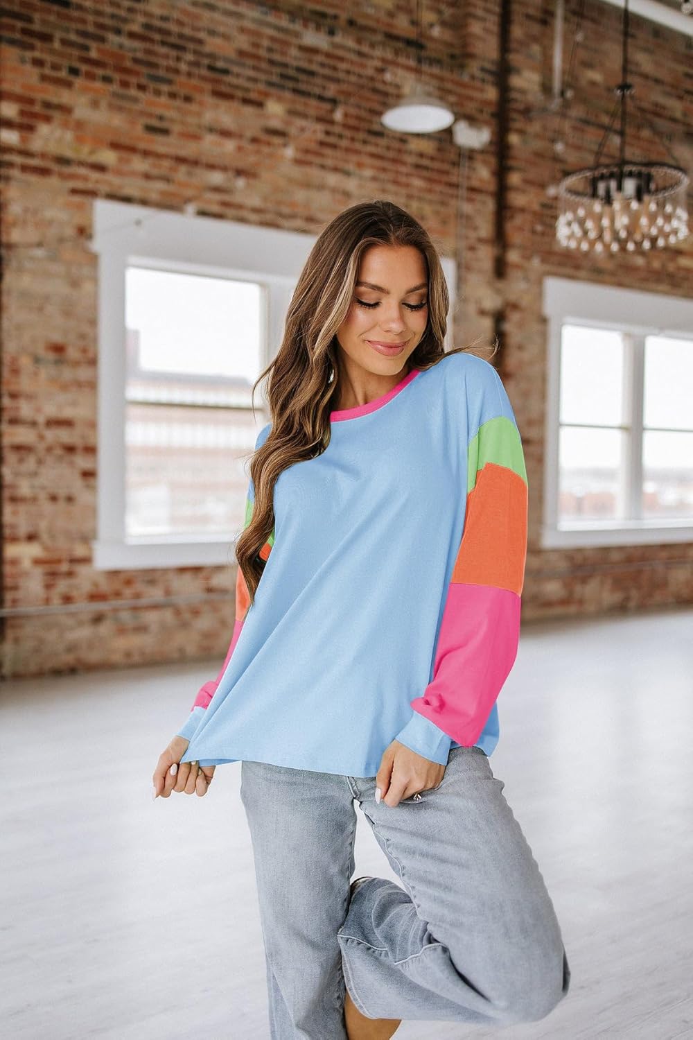 miduo Womens Long Sleeve Tops Color Block Stitching Casual Loose Fit Crew Neck Shirts Blouses - Image 4