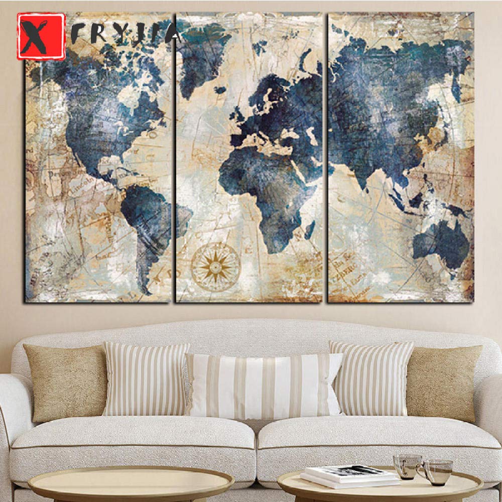Peinture diamant carte du monde triptyque grand format pour habiller un mur vide mosaïque