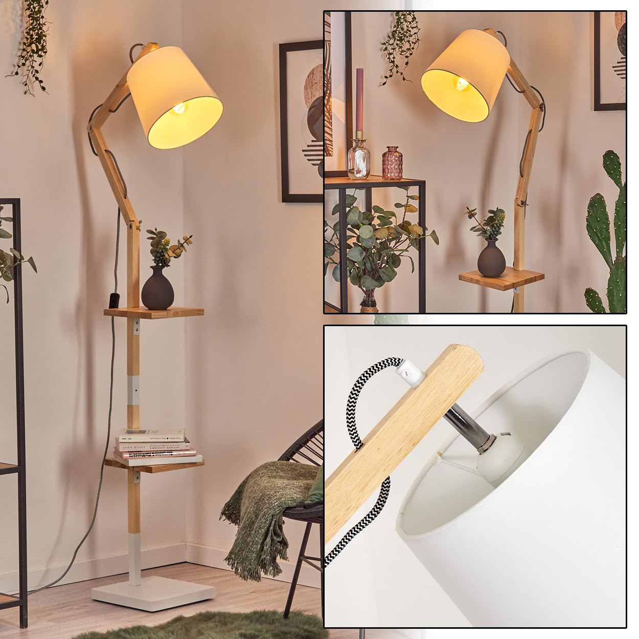 HOFSTEIN Stehleuchte Tukchor, Stehlampe aus Holz/Metall/Stoff in Natur/Weiß, verstellbare Leuchte im Boho-Design mit Ablageflächen u. Schalter, 152,5 cm, E27, Wohnzimmer, Schlafzimmer, Esszimmer