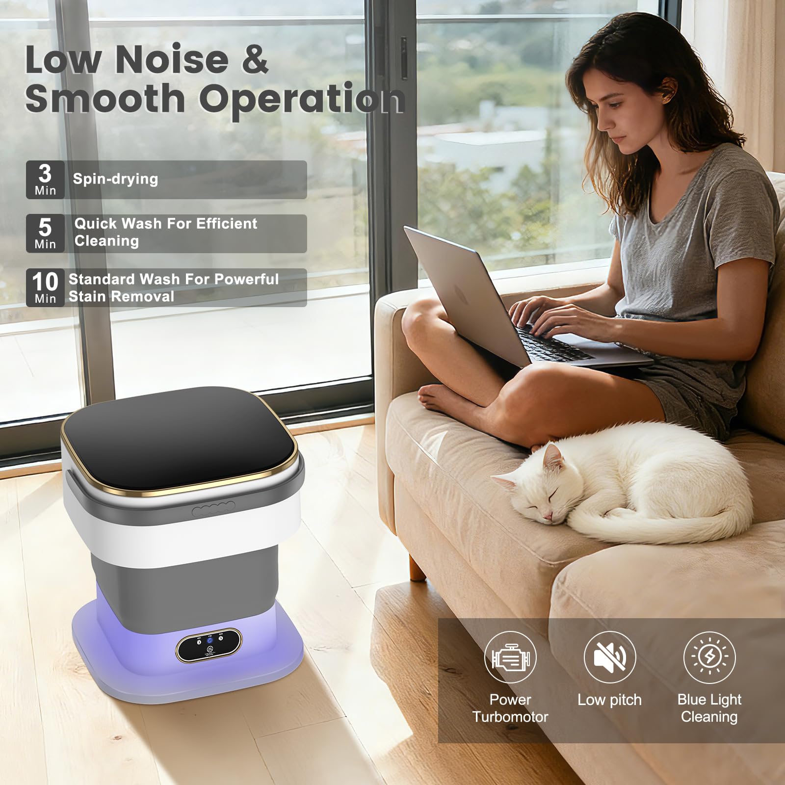Mini machine à laver,machine à laver portable améliorée de 15 L,3 programmes de lavage avec essorage, adapté aux vêtements légers et petits, pliable, idéal pour les appartements et le camping (gris)
