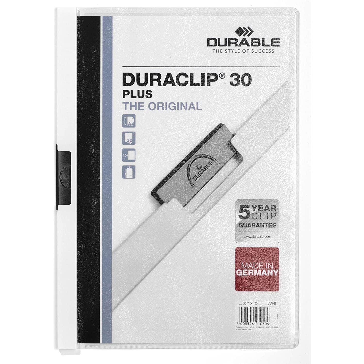 Carpeta Duraclip 30 Plus duradera, lámina dura, hasta 30 hojas A4, blanca, 221302