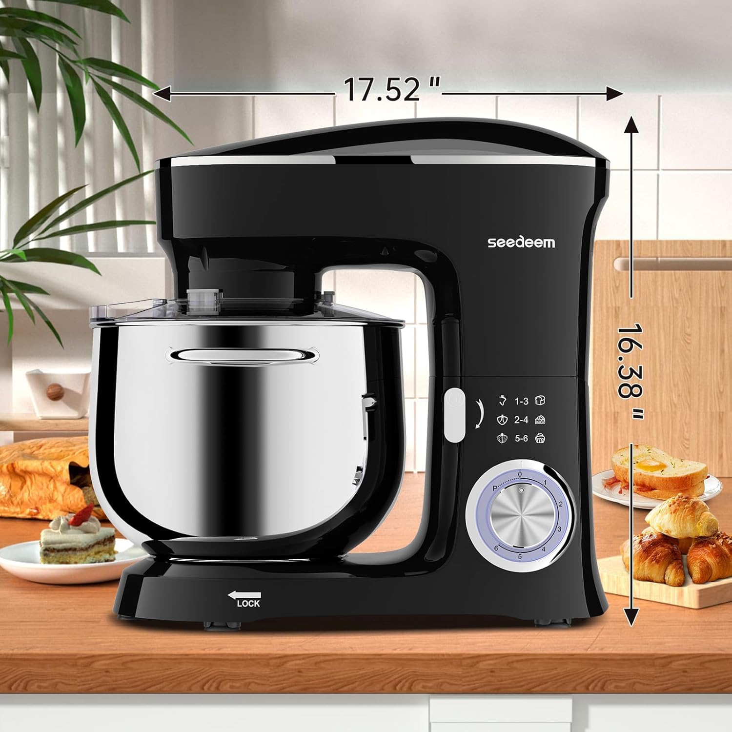 SEEDEEM 8.5 Qt Stand Mixer, 660W Tilt-Head Electric Kitchen Mixer with 6+P Speeds, Dough Hook, Beater & Whisk, Dishwasher-Safe Attachments, Black