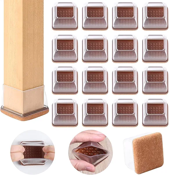 Ezprotekt 24 Pcs Clear Square Chair Leg Floor Protectors with Felt, Silicone Felt Furniture Pads for Hardwood Floor, Dining Table Leg Caps Covers No Scratches and Noise (L Fit: 1" - 1.4")