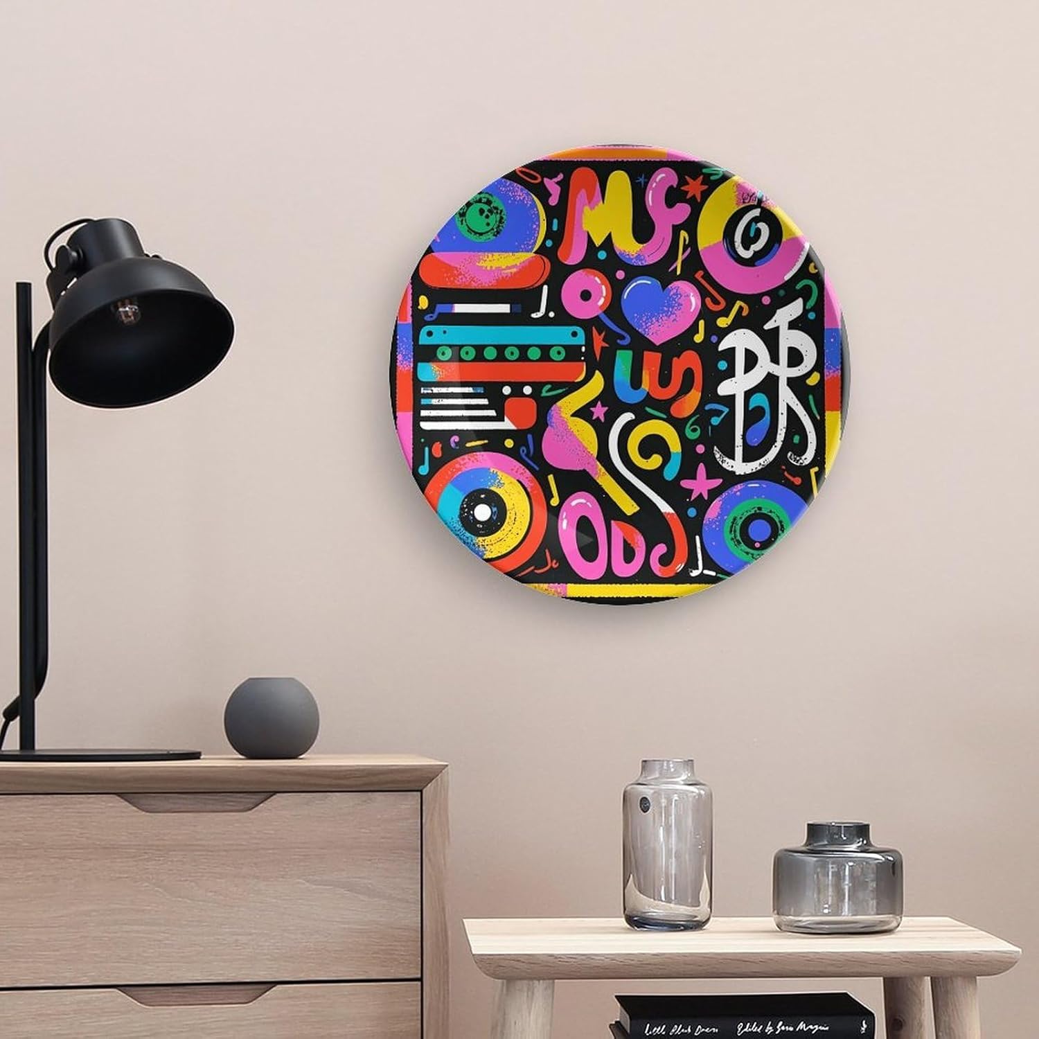 Music Graffiti Style Ceramic Plate 10inch Decorative Bone China Wall Hanging Ornament Plates Bohemian Style Dinner Plate with Display Stand Cabinet Display Plates for Home Art Decor
