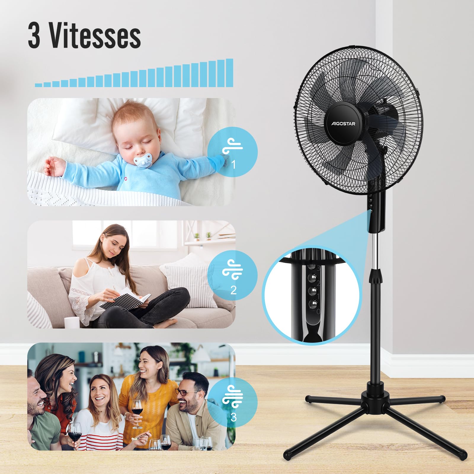 Aigostar Ventilateur sur pied, 7 Pales, 3 Vitesses, Puissant, Silencieux et Stable, 50W, Grille Sécurisée, VDE, Noir