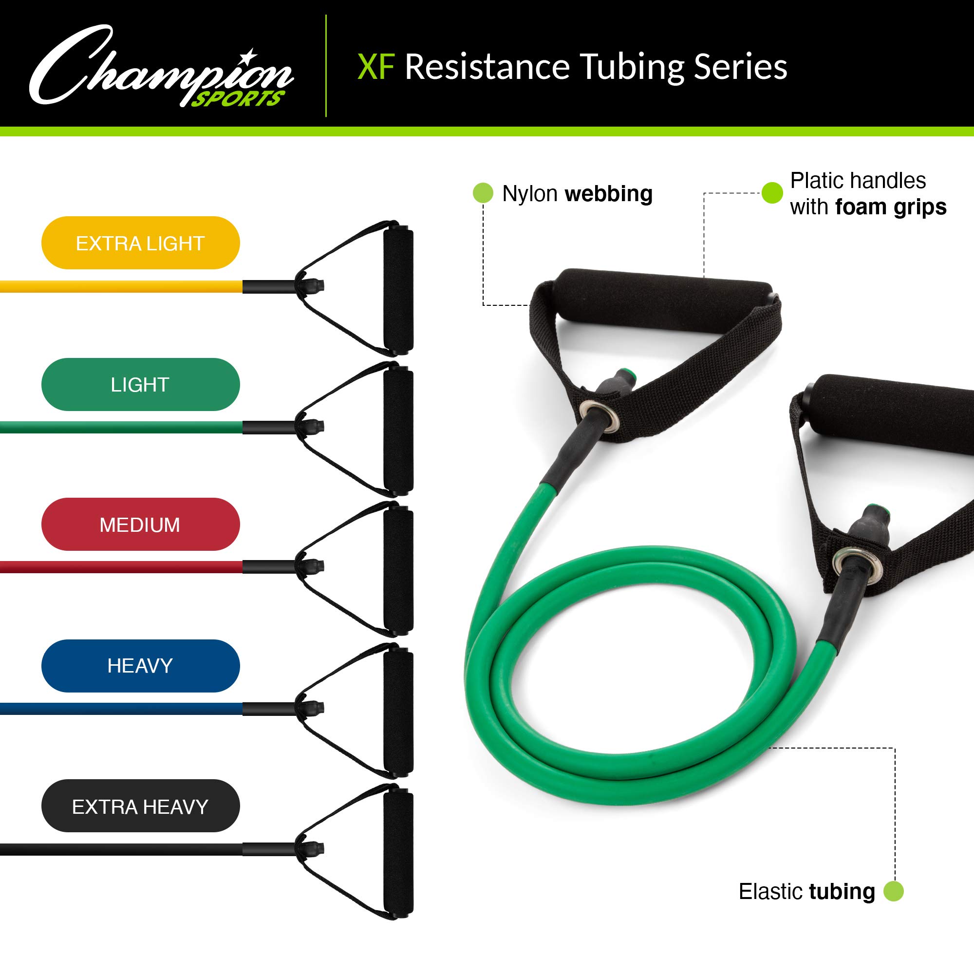 Champion Sports XF Resistance Tube Bands for Men and Women, Light Resistance, Green - Durable Fitness Band for Strength Training, Stretching, Rehabilitation - Premium Home Workout Equipment