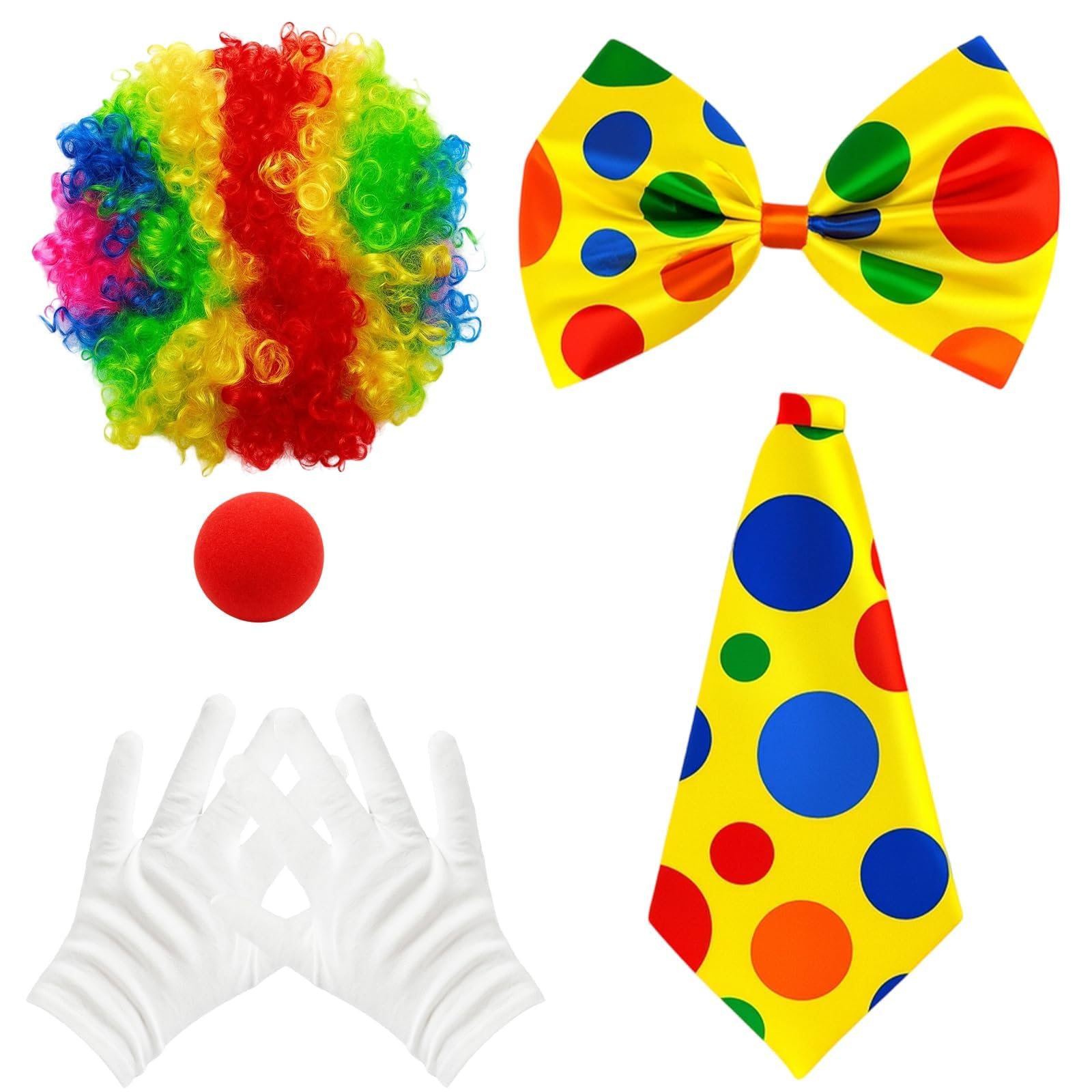 KFSCIP Clown Costume Set, 5Pcs Full Outfit with Wig and Nose, Circus Costume for Halloween Parties, Carnival Celebrations, and Role Play, Suitable for Kids and Adults