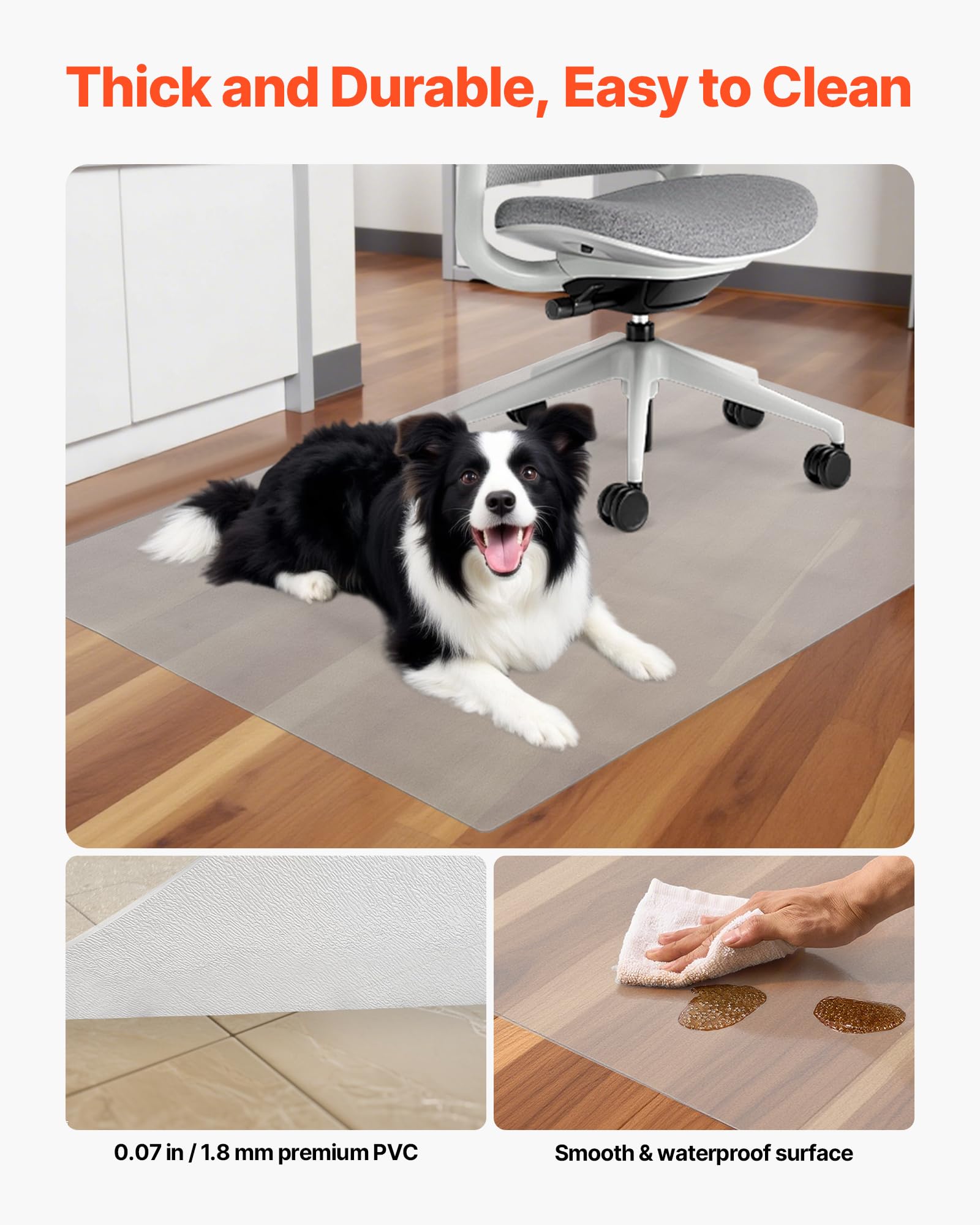 VEVOR Tappetino per Sedia 1220 x 922 mm Tappeto Sedia Ufficio per Pavimenti Duri, Trasparente, Protezione per Sedie a Rotelle, Antiscivolo e Facile da Pulire, per l'Ufficio Domestico, Rettangolare