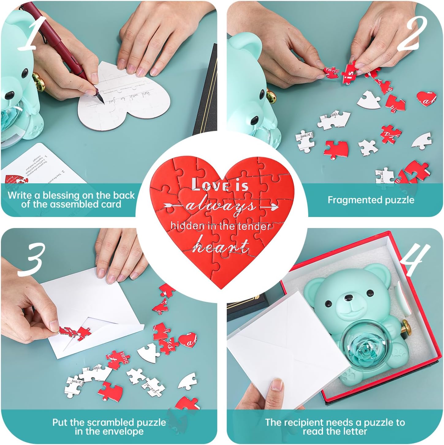 Cute Teddy Bear with Preserved Rose - A Real Rose Flower in Bear with Elegant Gift Box - Romantic Gift for Her in Mother's Day, Weddings, Anniversaries, and Bridal Showers (Blue) - Image 3