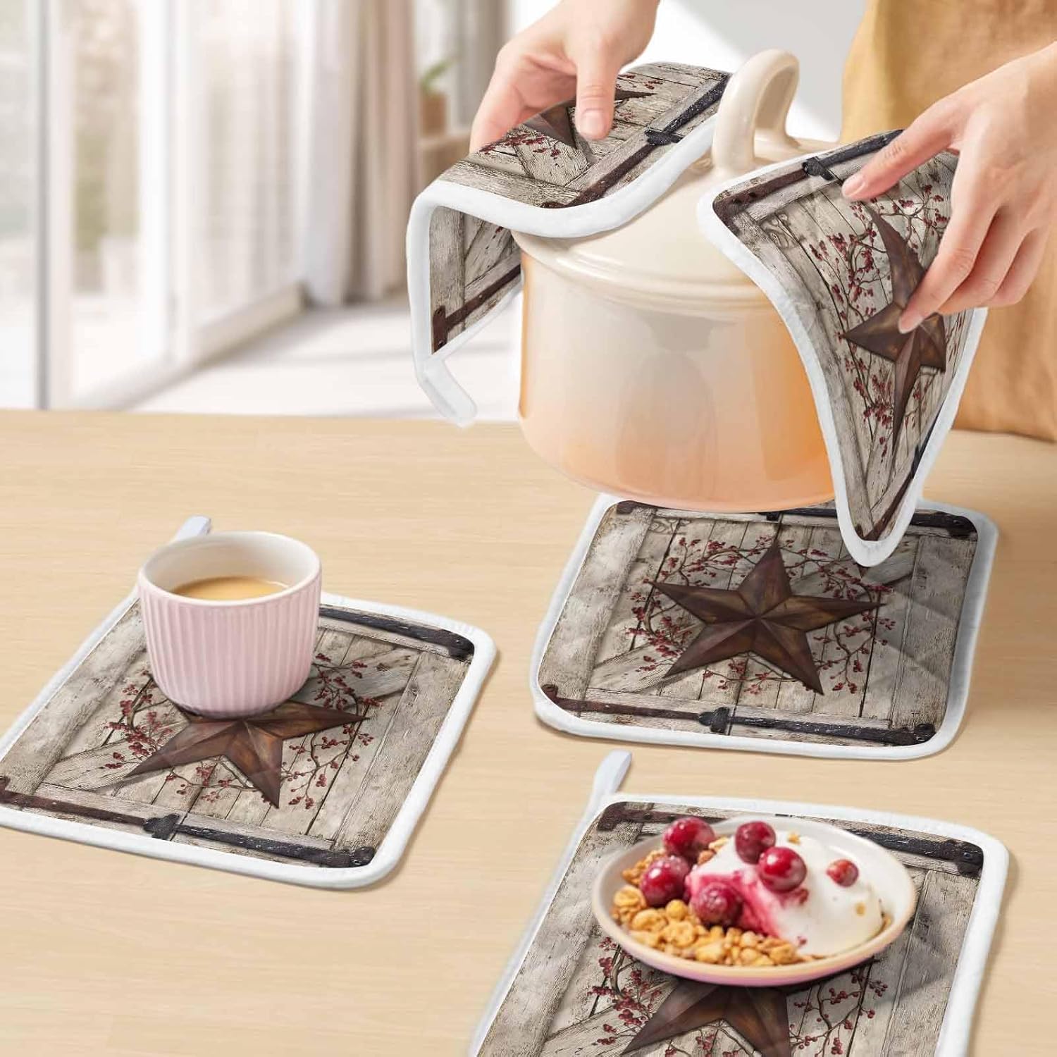 Texas Star Retro Pot Holders for Kitchen Heatproof Potholder, 5 Pack Brown Beige Wooden Berry Vintage Hot Pads Multipurpose Oven Pads Cloth Potholders Trivet for Cooking Baking