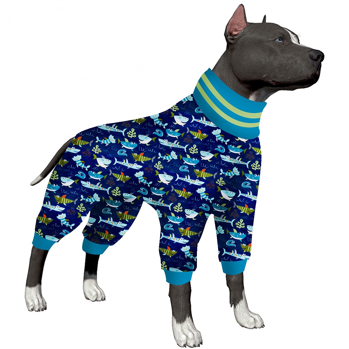 LovinPet Big Dogs Onesies, Long Sleeve Jammies for Big Dogs, UV & Post Operative Protection High Collar Dog Pjs, Adorable Stretchy Cuddle Sharkies Sea Prints Pajamas for Large Dogs