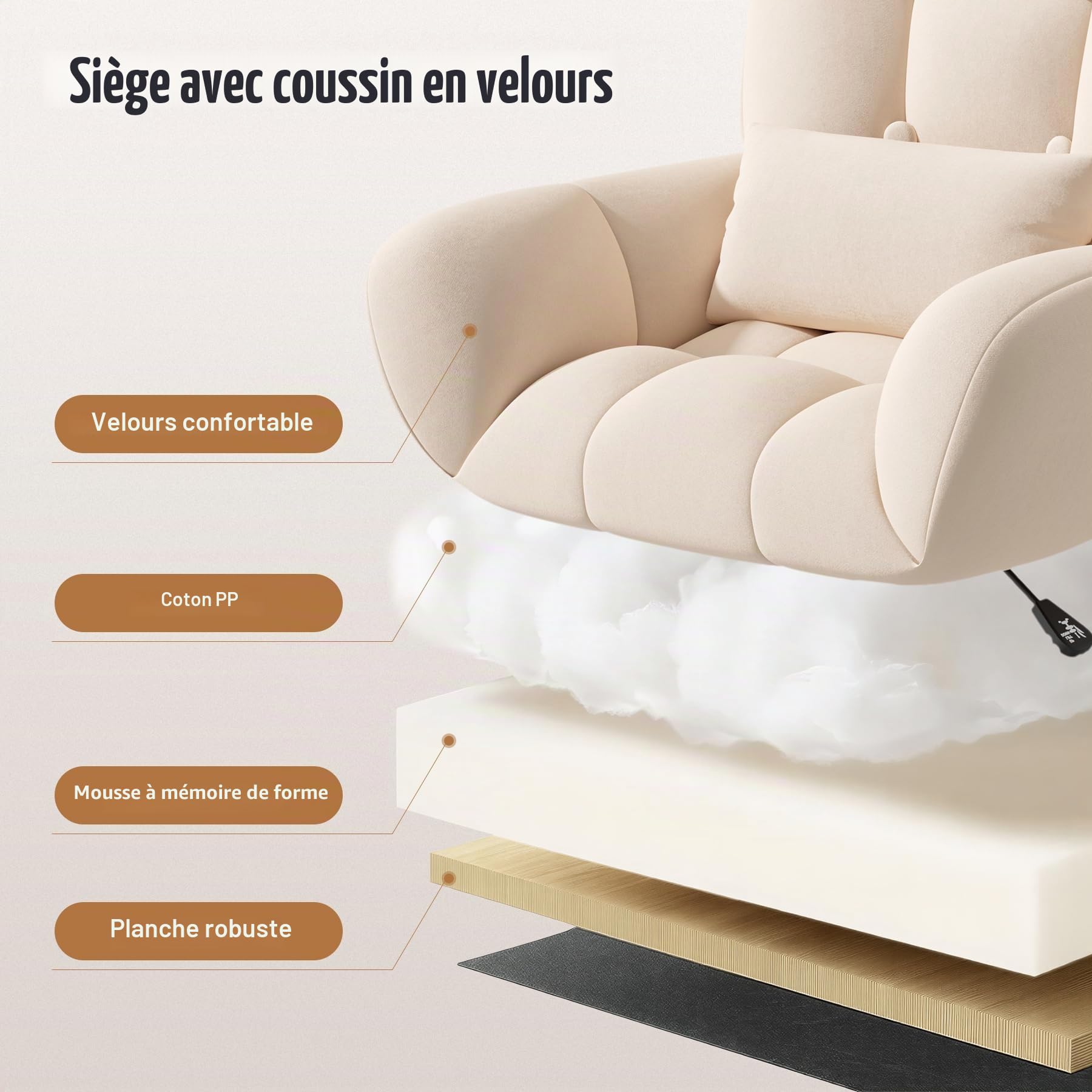 Bureau à Domicile et Chaise de Maquillage 2 en 1 Chaise pivotante Ergonomique en Velours 360° avec Coussin pour la tête, réglable en Hauteur pour Bureau ou Chambre à Coucher Beige