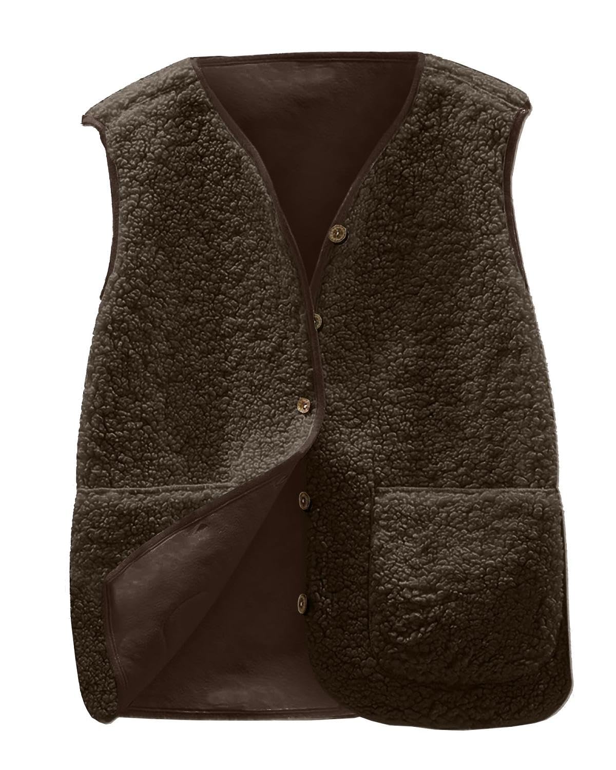 Joligiao Teddy fleece vest dames herfst winter warm mouwloos vest licht casual effen jas button-down met V-hals vest met zakken outwear, koffie, M