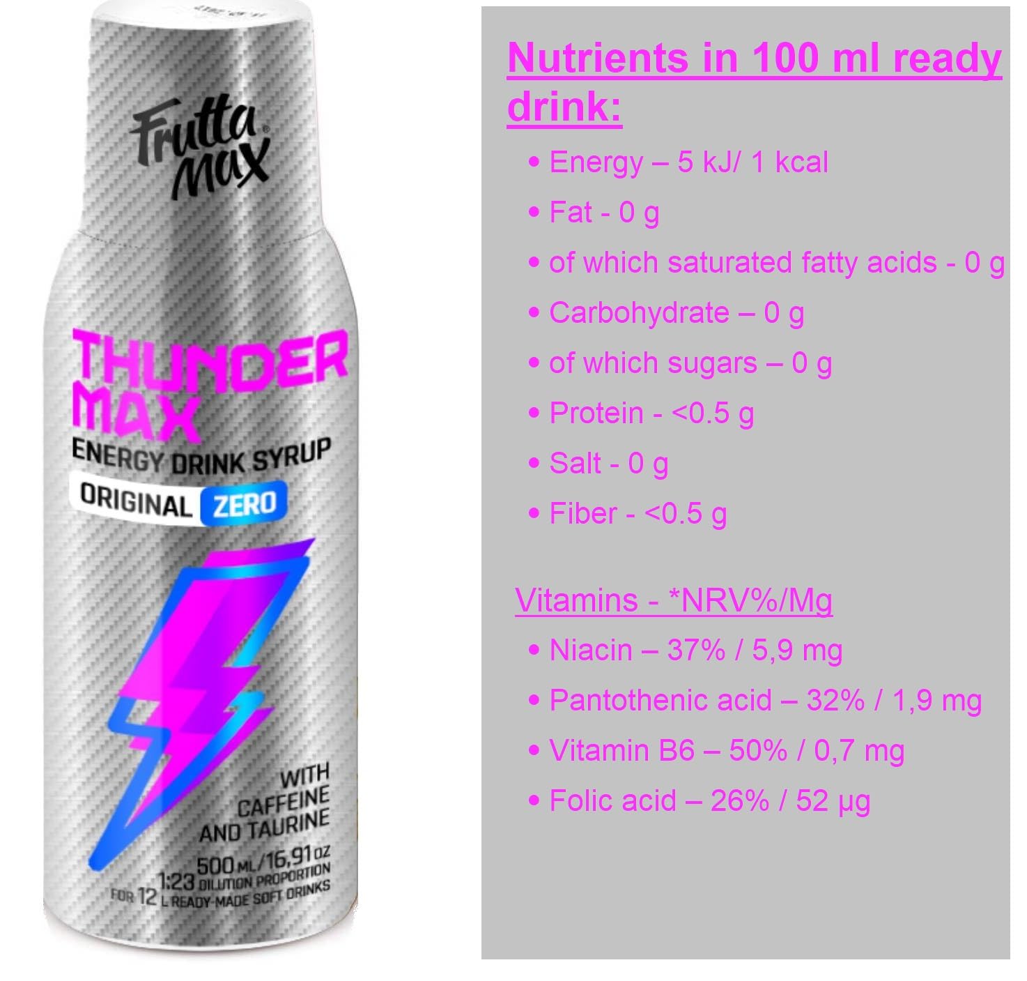 8 paquetes - FruttaMax - Energy Drink Syrup Concentrate | Less Sugar | Suitable for soda Machine (8x500ml) (8xThunderMax ZERO)