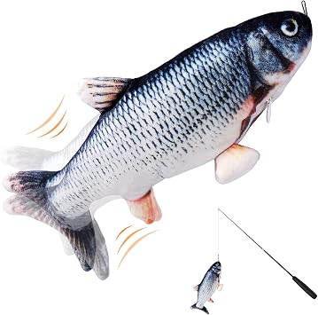 Floppy Fish Cat Toy - Flopping Fish Toy, Catnip, Spare Fishing Line - Safe Washable Flippy Moving Toys for Cats - Interactive Wagging Pet Toys for Kittens - Realistic Rechargeable Flappy Fish