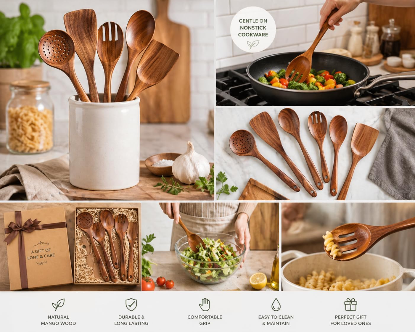 Father’s Day Neem Wood Cooking Utensil Setof 6, Wooden Spoons for Cooking, Natural Wooden Kitchen Utensils for Nonstick Cookware, Heat Resistant Spatula & Spoon Set, Eco-Friendly Kitchen Tools