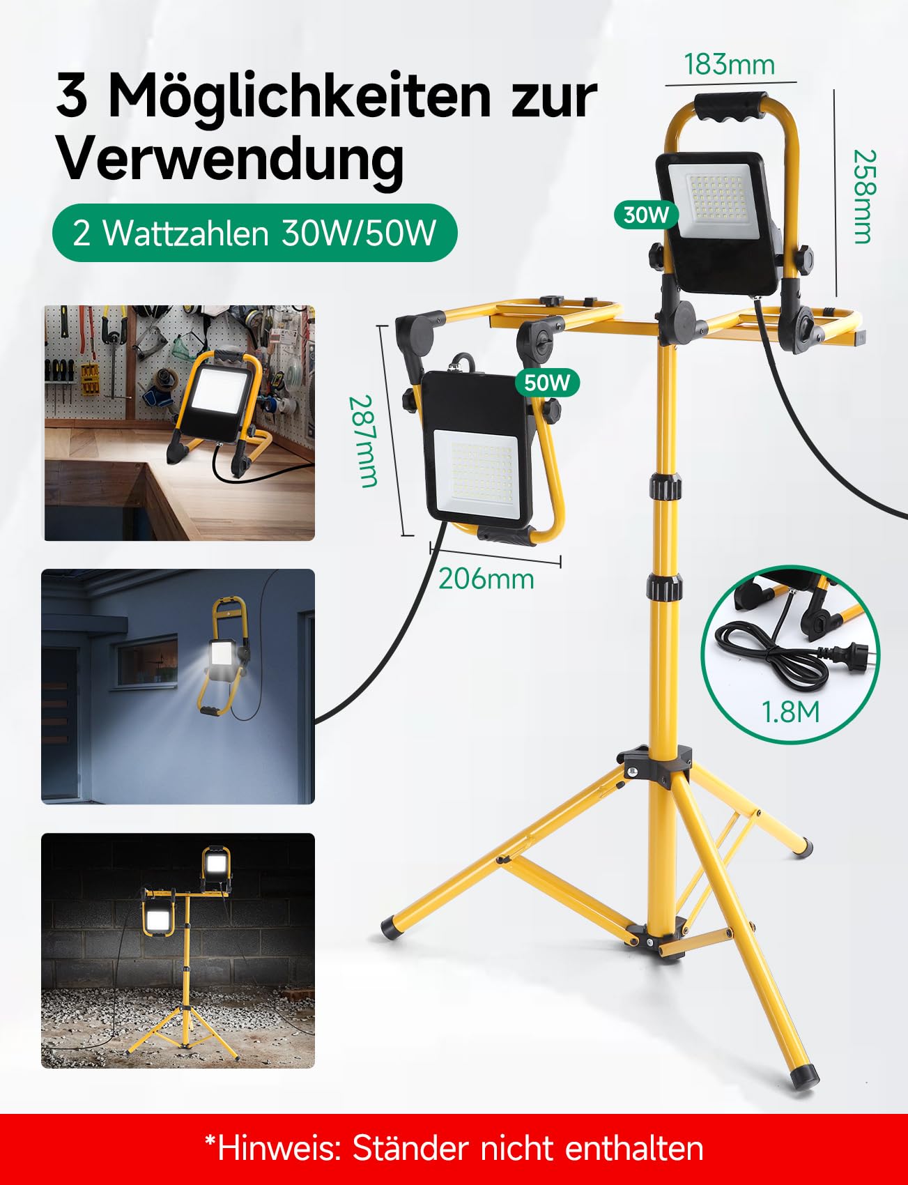 Aigostar Faro da Cantiere 50W, IP65 Impermeabile, Faretto Led da Cantiere con Spina, 6500K Bianco Brillante per Esterno, Lavori, Giardini e Garage, Rotazione 360°, portatile 2 pcs