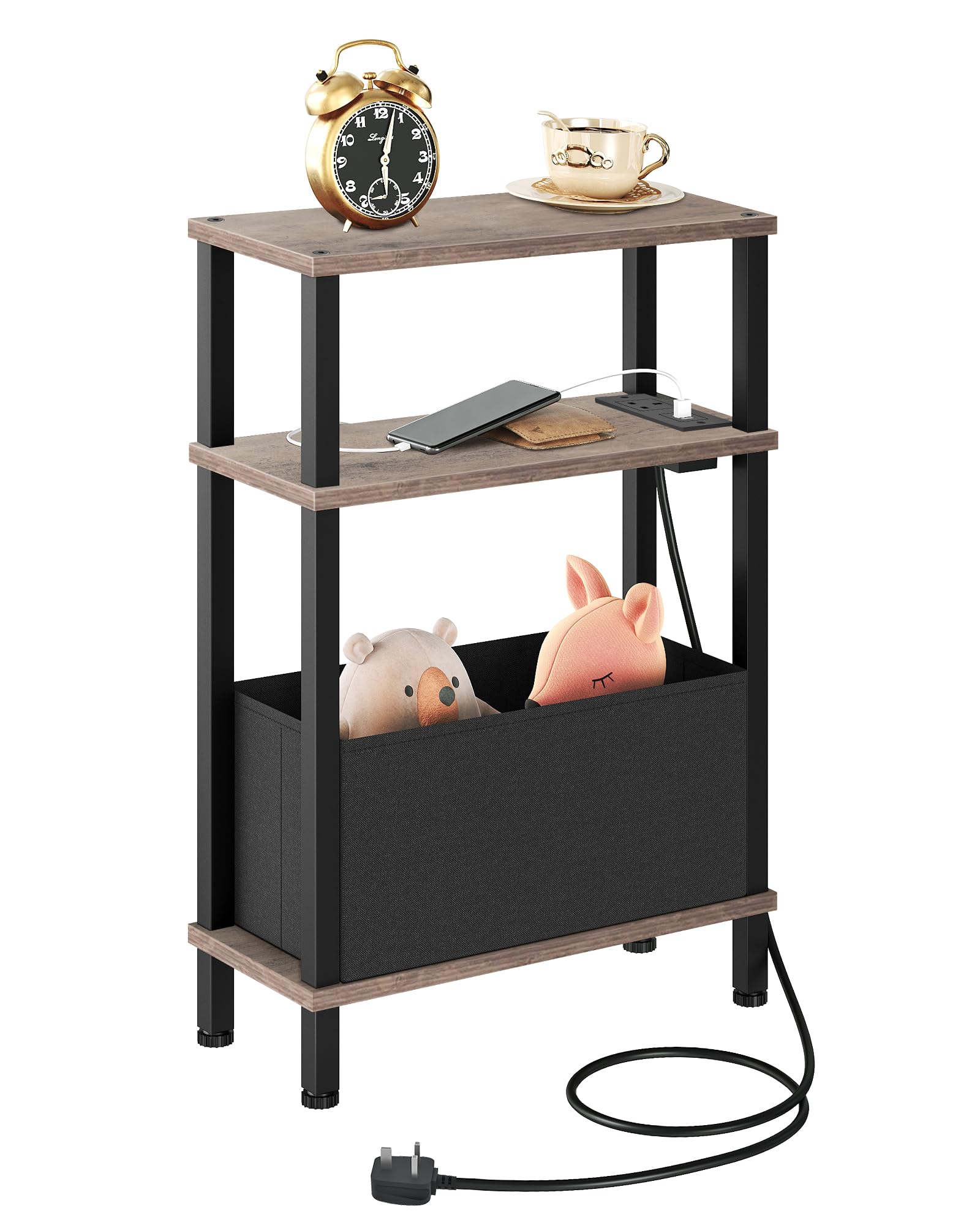 CHOEZON Slim Side Table with Charging Station, 3-Tier Narrow Side Table with Drawer, Skinny Bedside Table, End Table for Small Spaces, for Bedroom, Living Room, Greige and Black DTBZ07KFH
