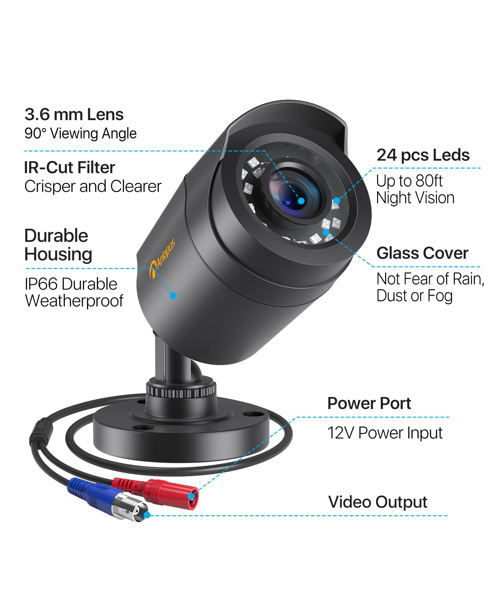 Anlapus 4x FHD 1080P Außen Video Überwachungskamera Set mit BNC Kabel und Netzteil, TVI 1080P Videoausgang, 20M Nachtsicht, Zusatzkamera für CCTV DVR System | mit BNC Kabel und Netzteil, IP66 Wasserdicht, 24M IR Nachtsicht