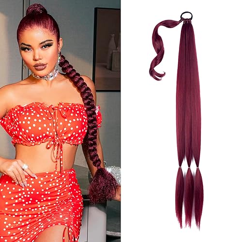 Burgundy Braided Ponytail Extension with Hair Tie Straight Wrap Around