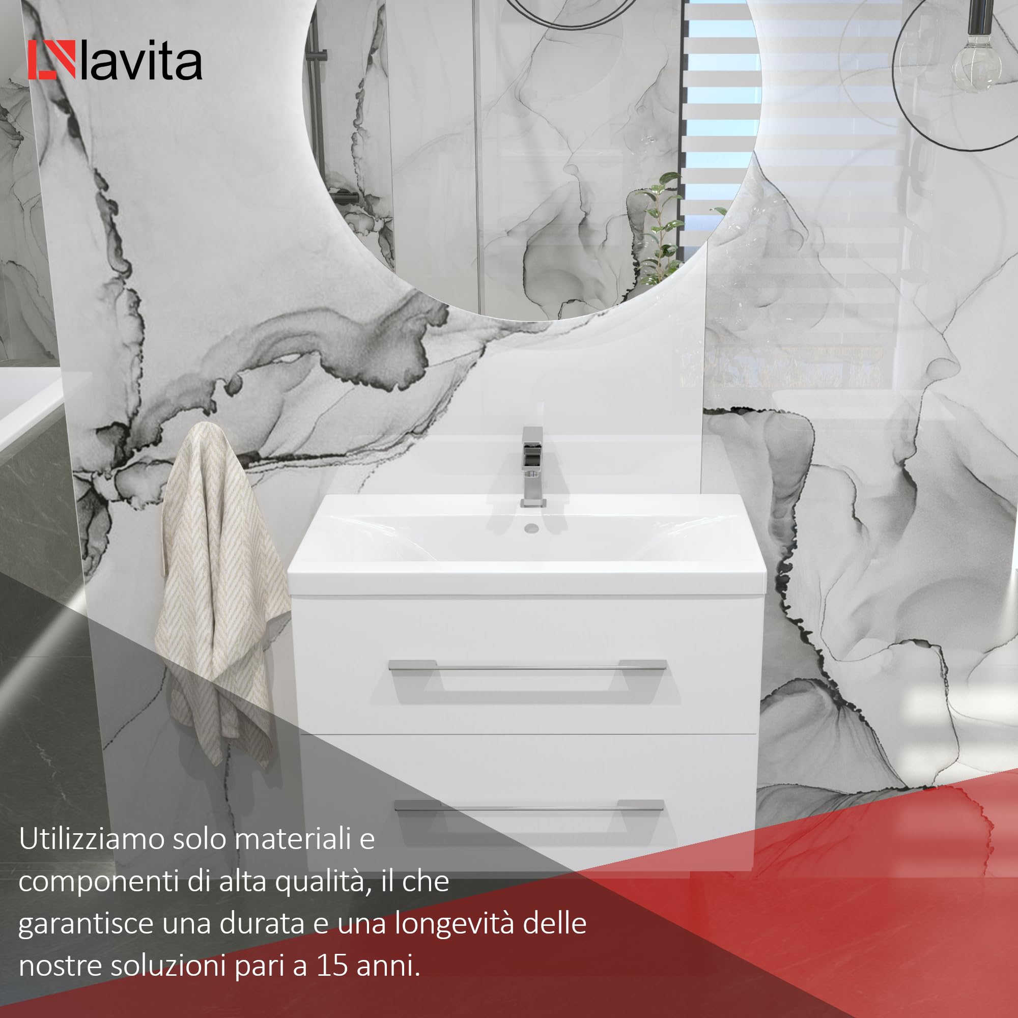 LAVITA Lavabo per mobili California 800 con troppopieno e foro per rubinetto, in porcellana di alta qualità, 81 x 39 x 17 cm, bianco lucido