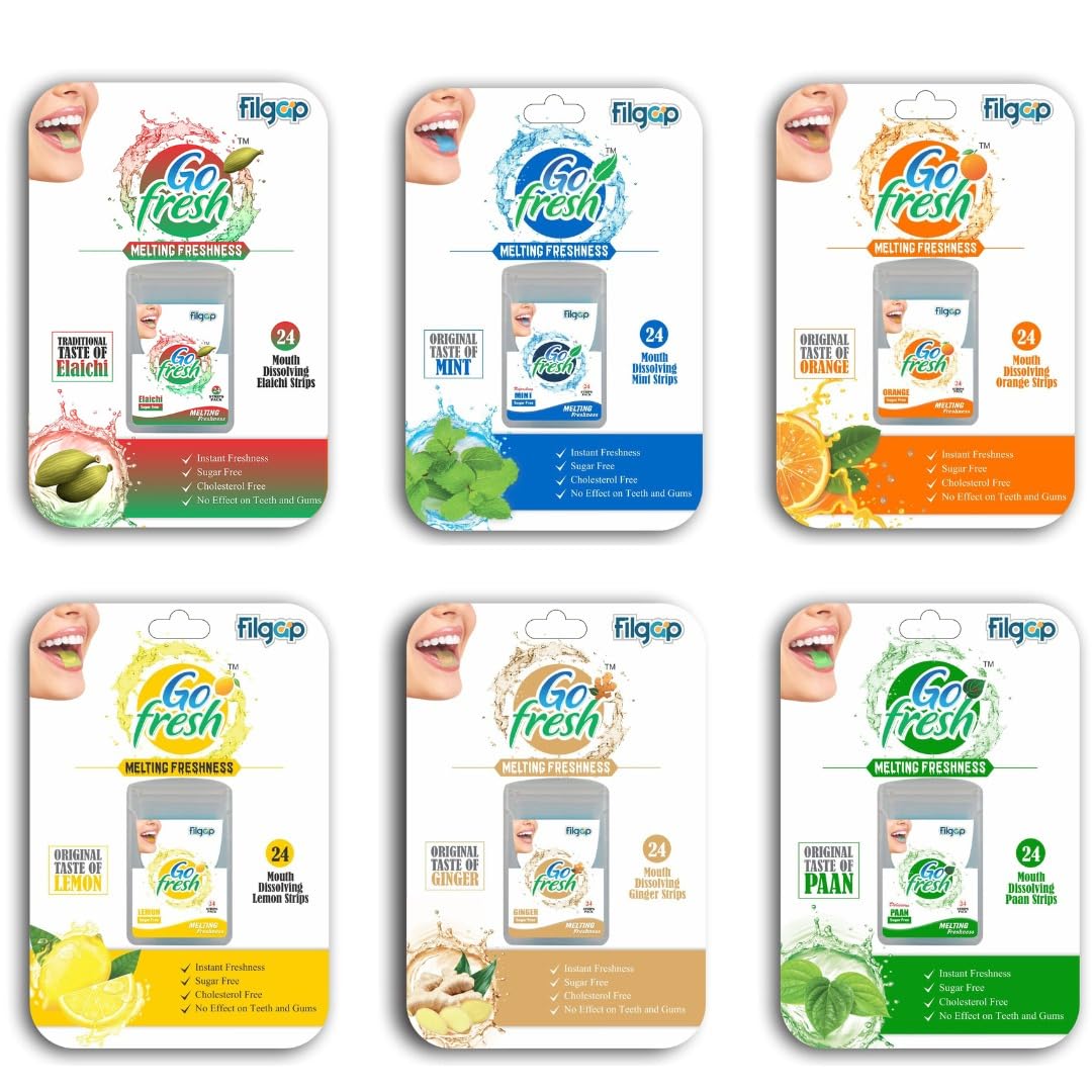 - Filgap Oral Hygiene Premium Instant Mouth Freshener Strips Mint, Elaichi, Paan, Orange, Lemon Mix Flavoured Pack of 6 x 24 Strips Sugar Free Fresh Breath Dissolving Strip