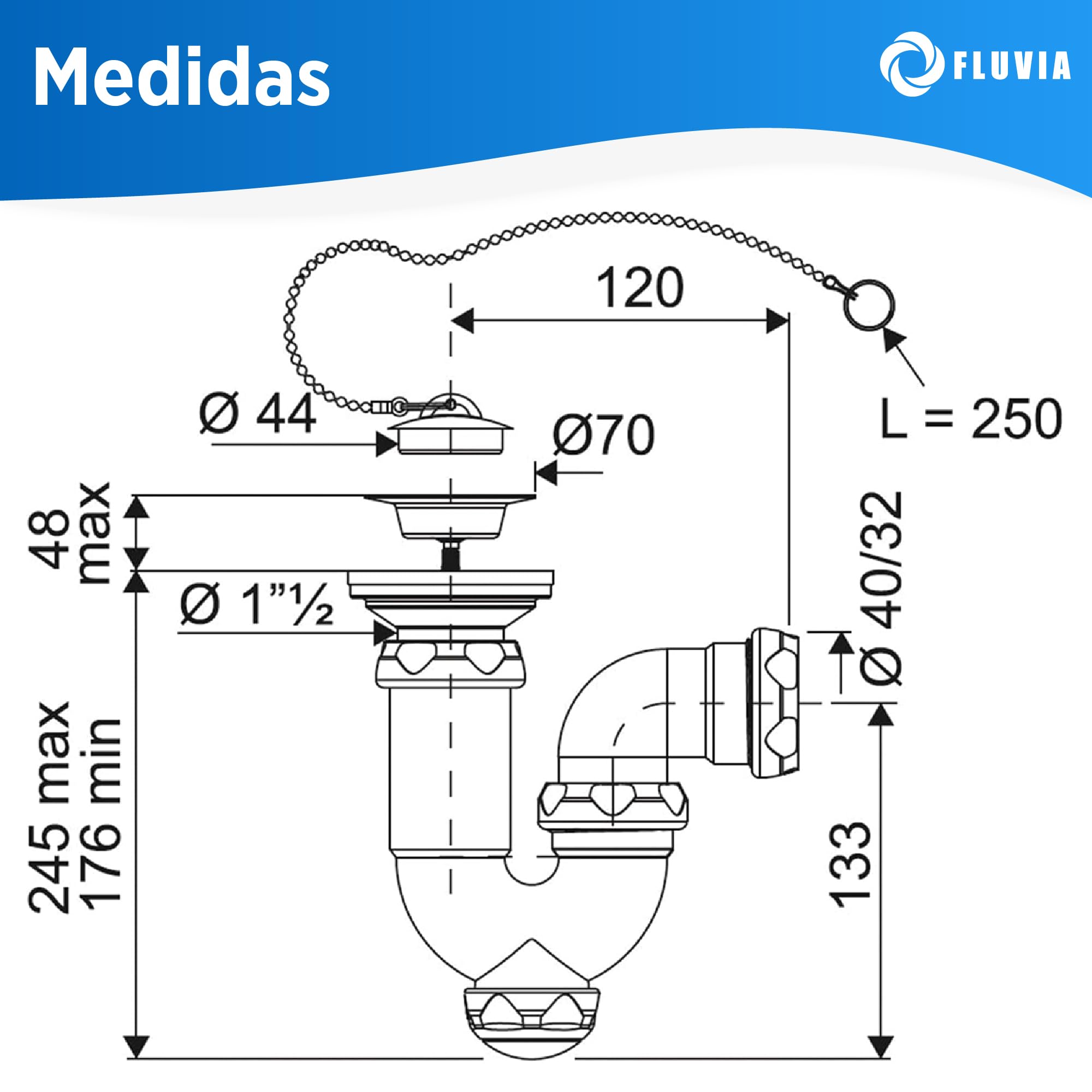 Sifón Curvo Extensible con Válvula y Tapón 1 1/2" Ø40 mm con Reducción Ø32 mm| Sifón para Fregadero y Lavabo | Antiolor, Antifugas | Instalación Fácil | Alta Resistencia | Fluvia