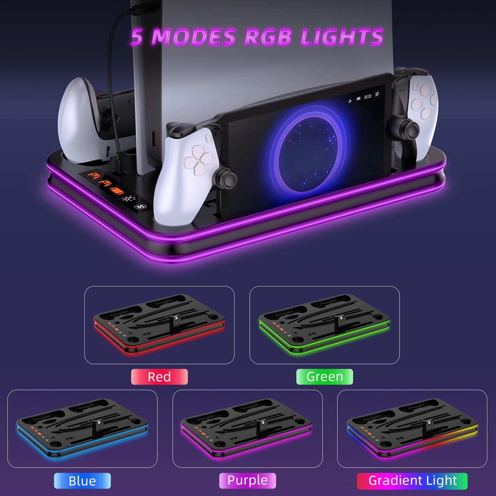 Supporto e stazione di raffreddamento per PS5/PS5 Slim/PS5 Pro con controller LED RGB Accessori per dock di ricarica, caricabatterie per controller PlayStation 5 e cuffie per console PS Portal e