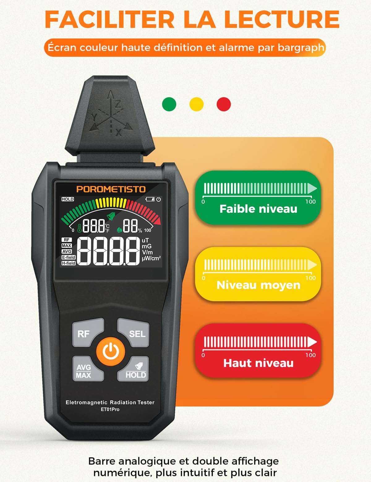 5-IN-1 Détecteur EMF POROMETISTO,avec Stockage des Données Et Batterie | Détecteur de Champ Électromagnétique Portable, Permettant la Mesure Simultanée des Données EF/MF/RF/Température/Humidité