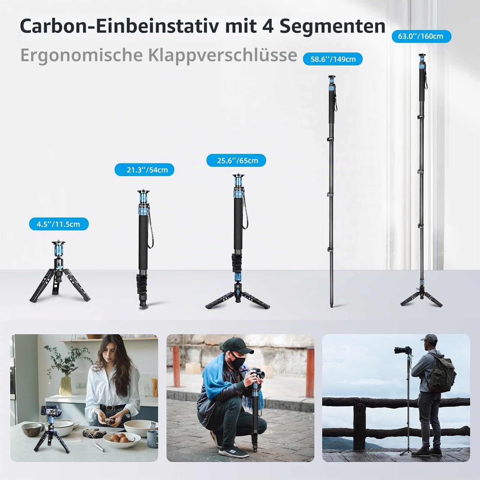 SIRUI P-424FS Einbeinstativ für Kamera, Modular, 3-in-1, Einbeinstativ aus Kohlefaser, mit Stativhalterung von 160 cm (63 Zoll), maximale Belastung 12 kg, für Kameras, DSLR, Camcorder
