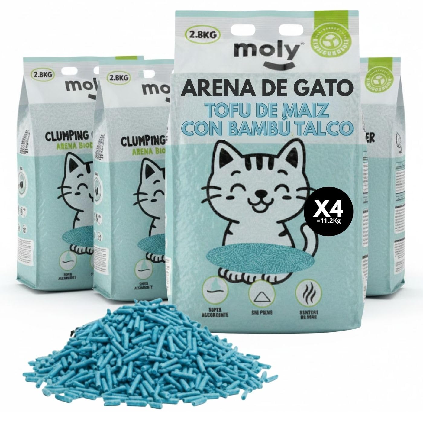 MOLY x4 Arena de Gatos Tofu de Maiz y Bambu 11,2 KG 14,8 L | Arena Biodegradable y Aglomerante Alta Absorcion con Aroma de Talco | Control Total de Olores | Sin Polvo | Lecho Mineral