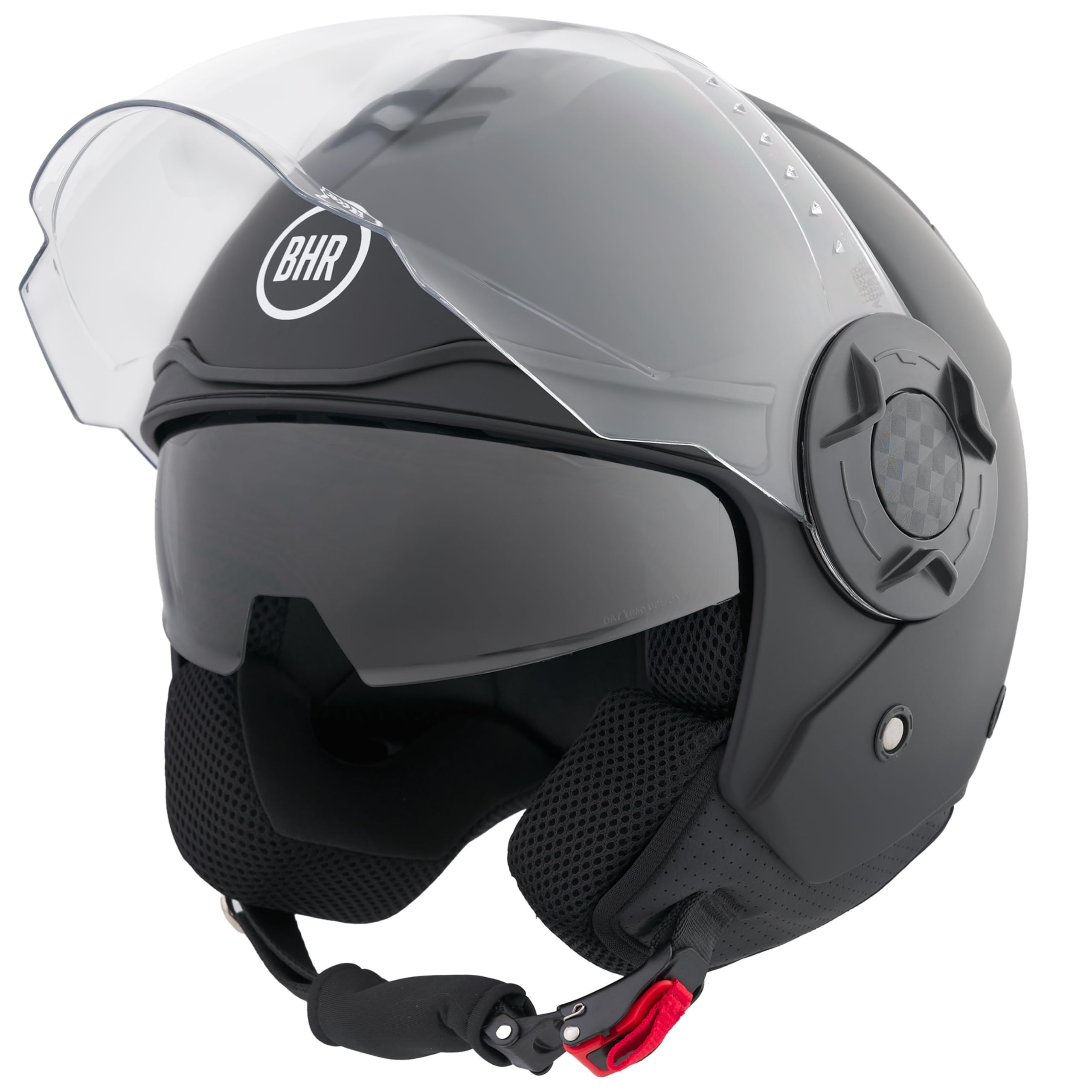 BHR Casco Jet Doppia Visiera 830 FLASH, Casco Scooter Omologato ECE 22.06, Casco Moto Jet Leggero & Confortevole con Visiera Interna Parasole, Nero Opaco, S