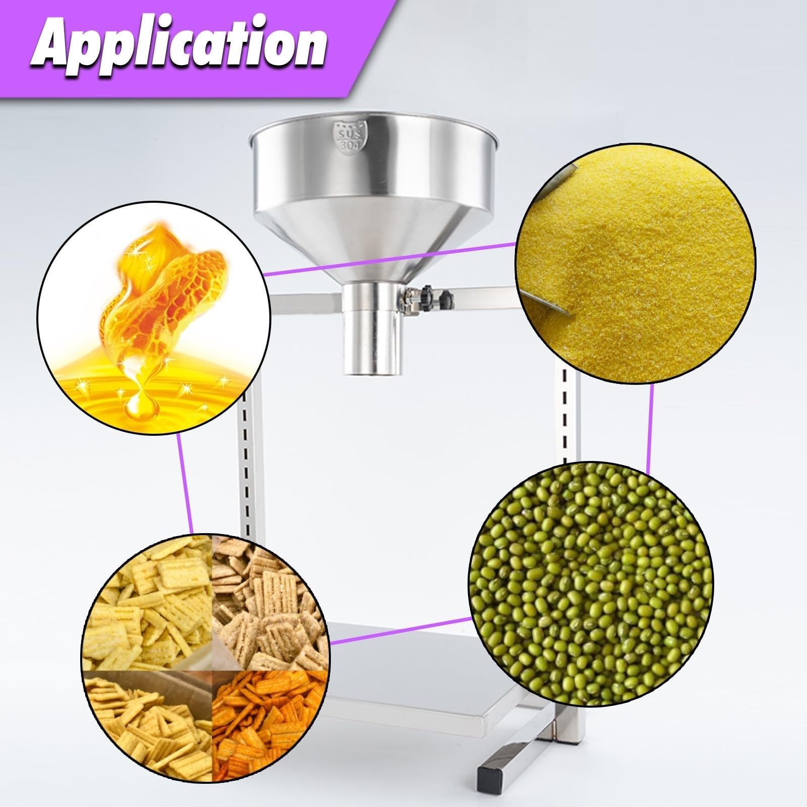 Tolva de alimentación de acero inoxidable, embudos dispensadores de gran diámetro con soporte y plataforma elevadora, máquina llenadora manual de boca ancha para envasado de polvos(2cm)