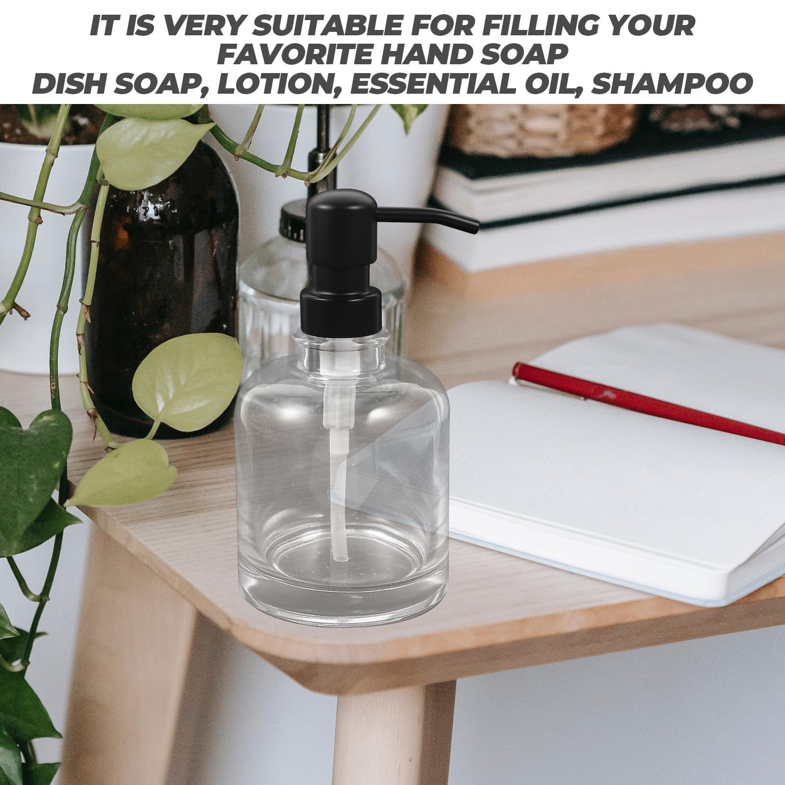 Botella Dispensadora de Champú 12 Onzas de Vidrio con Bomba | 2 Piezas, Diseño Simple y Transparente, Uso en Oficina y Baño, Anti-óxido y Portátil